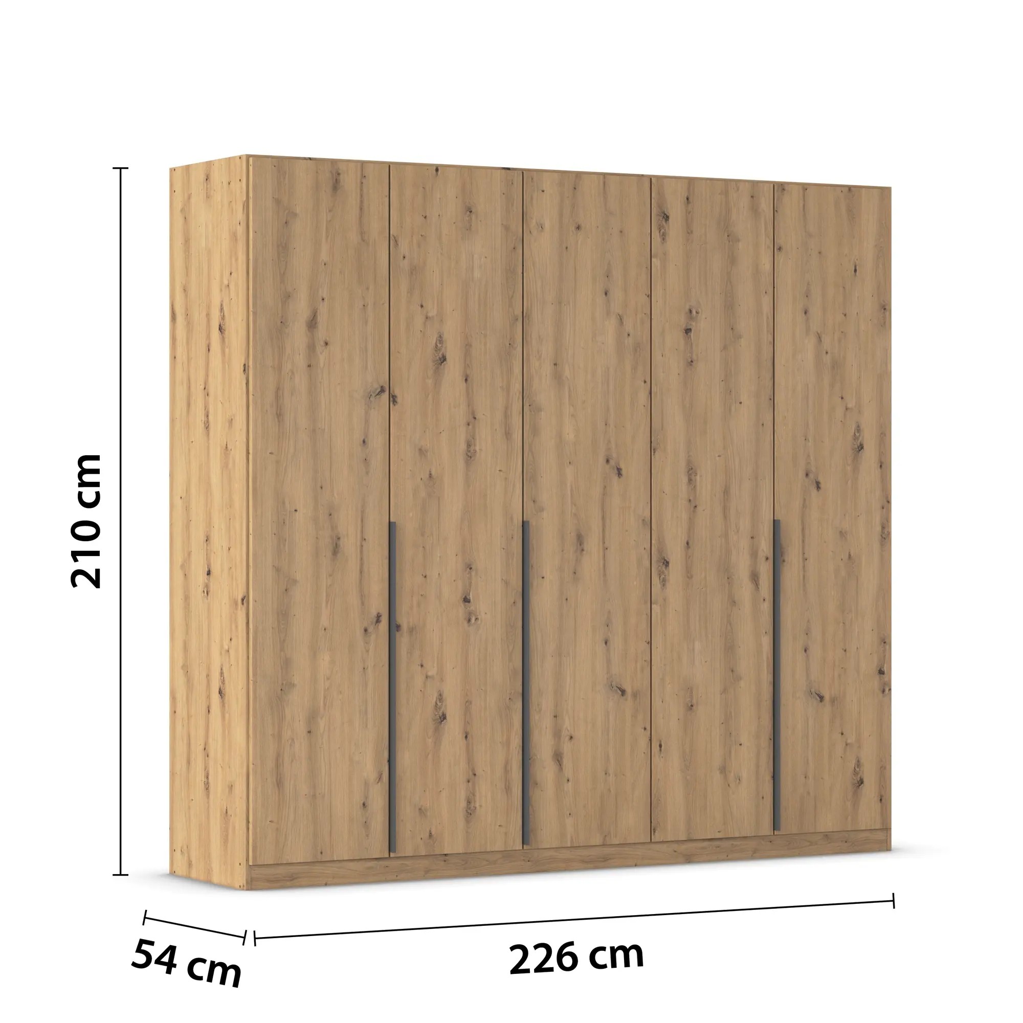 5-türiger Kleiderschrank in Eiche Artisan mit Maßangaben Breite 226 cm, Höhe 210 cm und Tiefe 54 cm