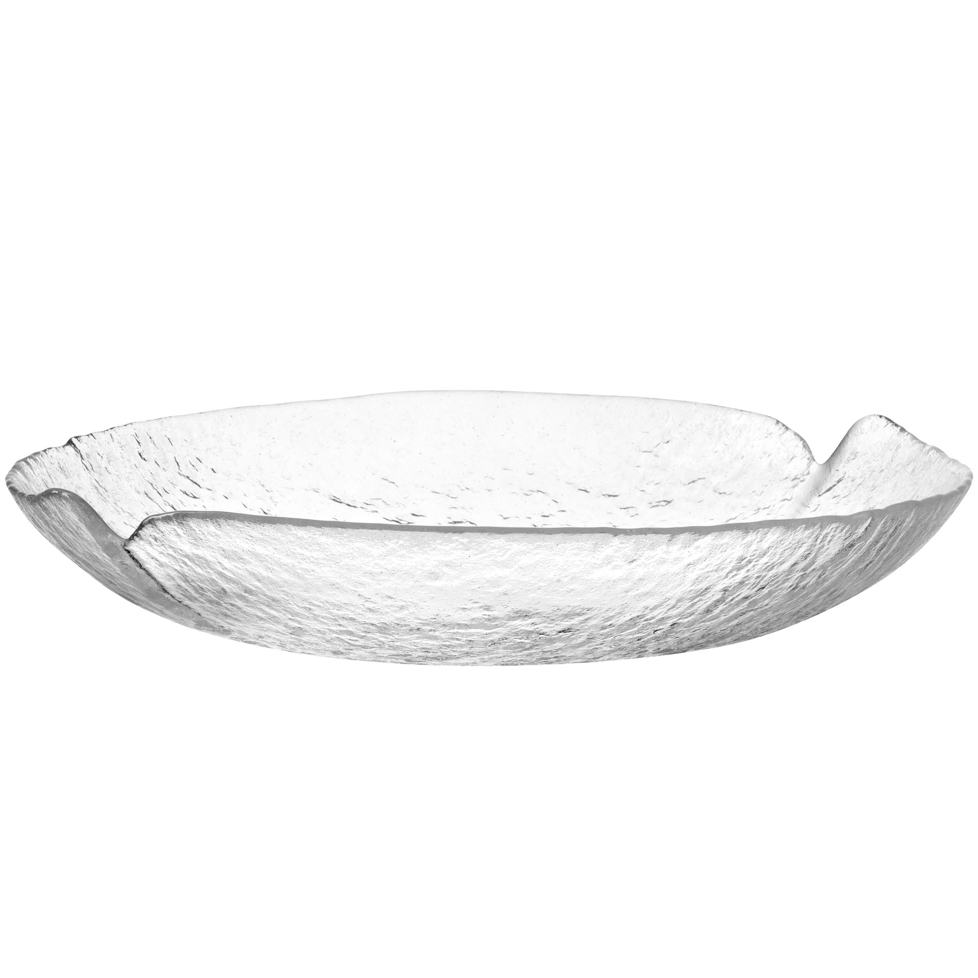 Flache ovale Glasschale mit gehämmerter Struktur aus klarem Glas