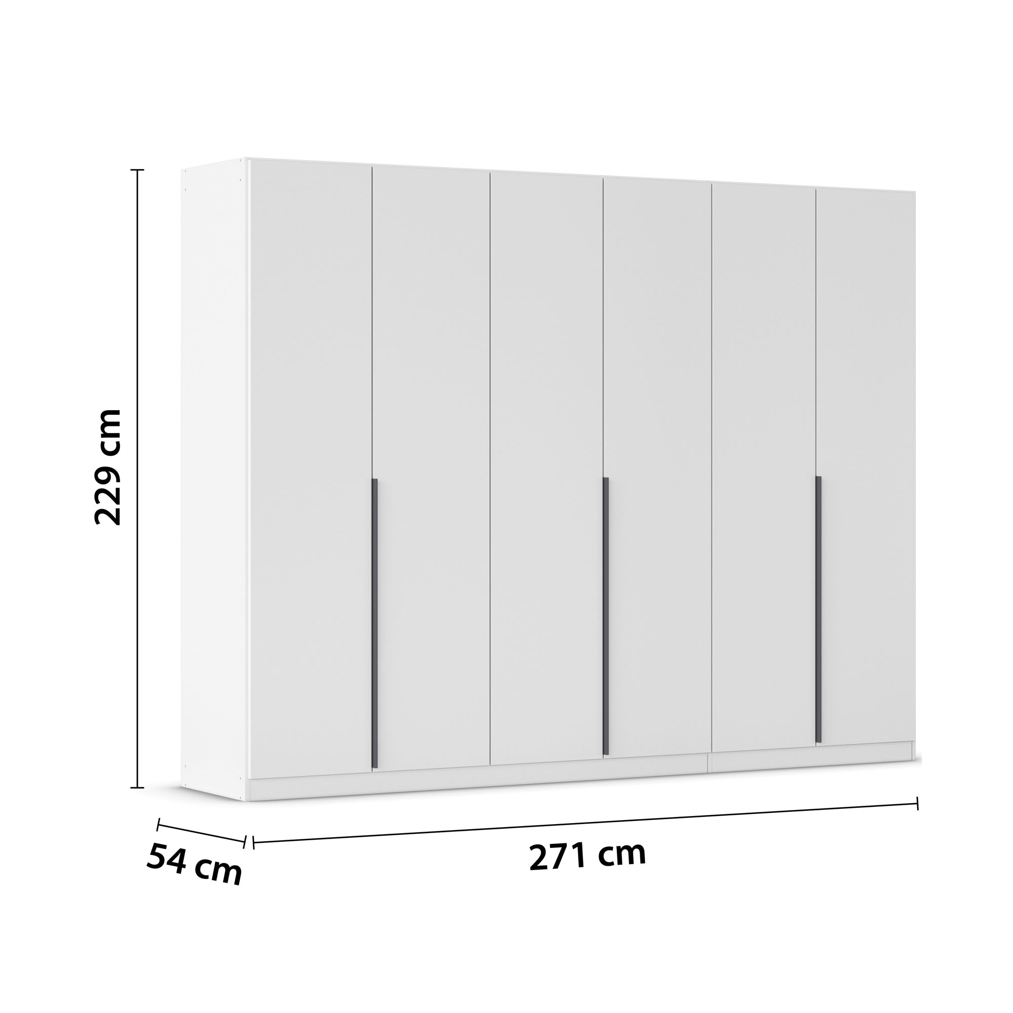 Weißer 6-türiger Kleiderschrank mit Maßangaben Breite 271 cm, Höhe 229 cm und Tiefe 54 cm