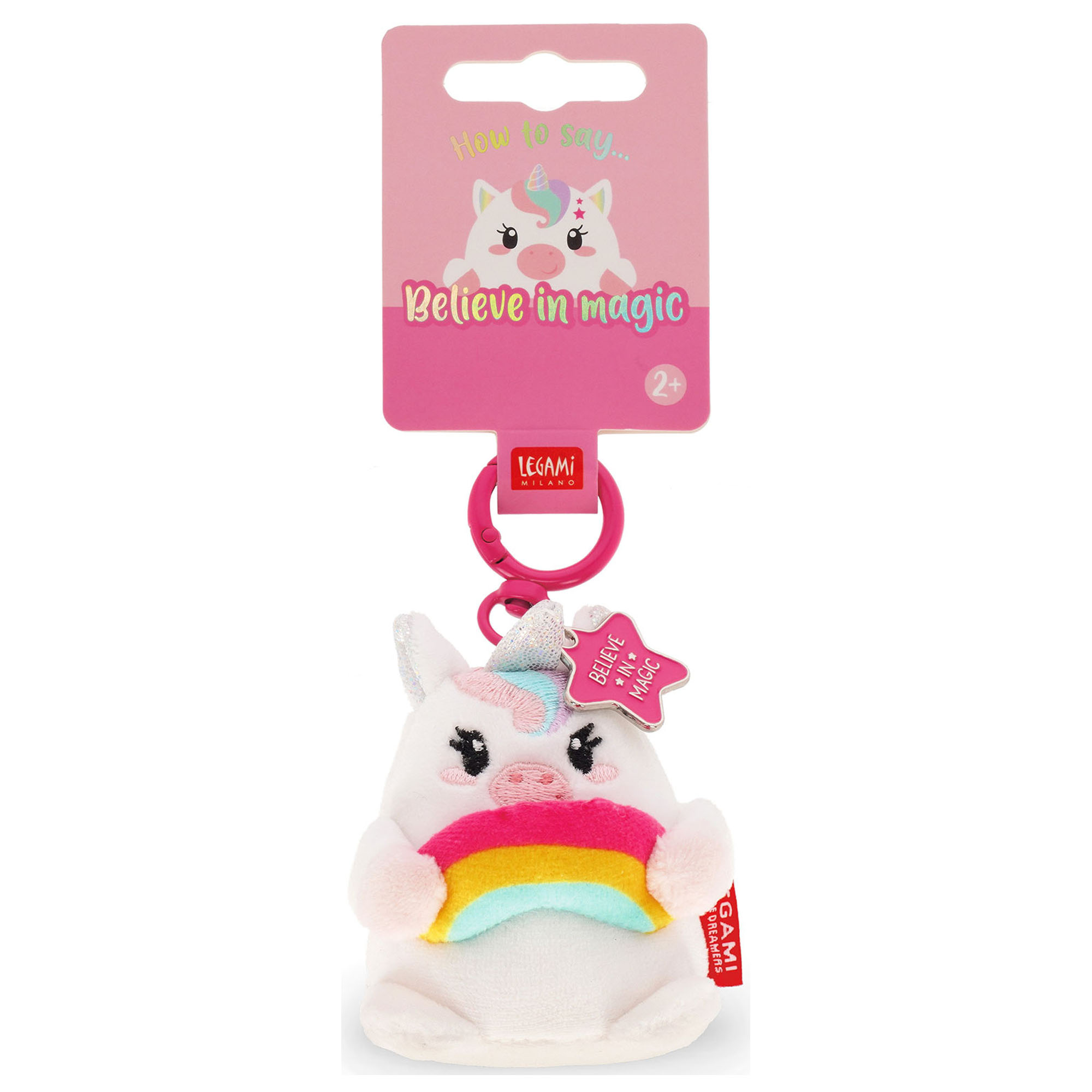 Einhorn-Plüsch-Schlüsselanhänger, an der Vorderseite der Kartonaufhängung gezeigt.
