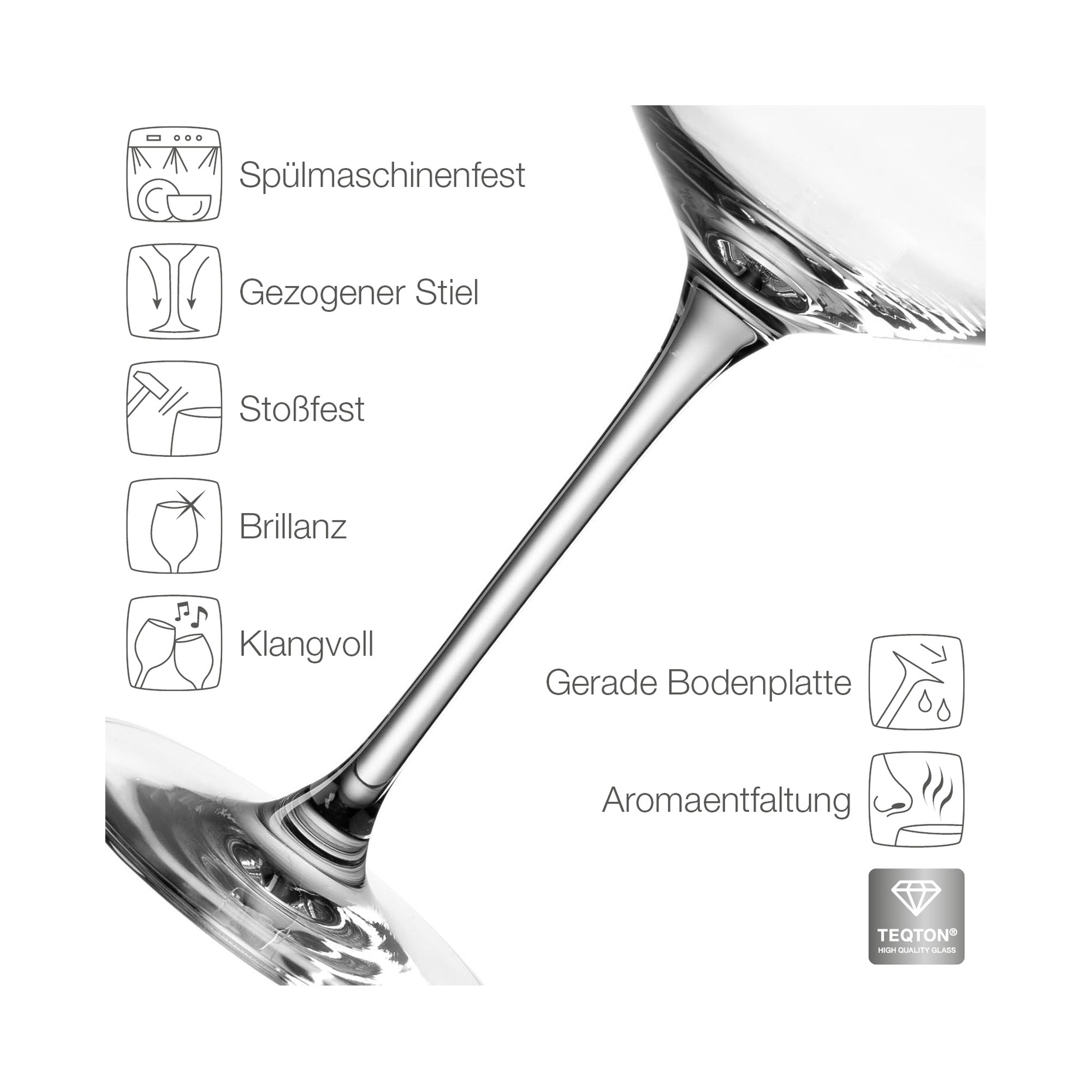 Detailbild Weißweinglas mit Symbolen für Spülmaschinenfestigkeit Brillanz und Stabilität