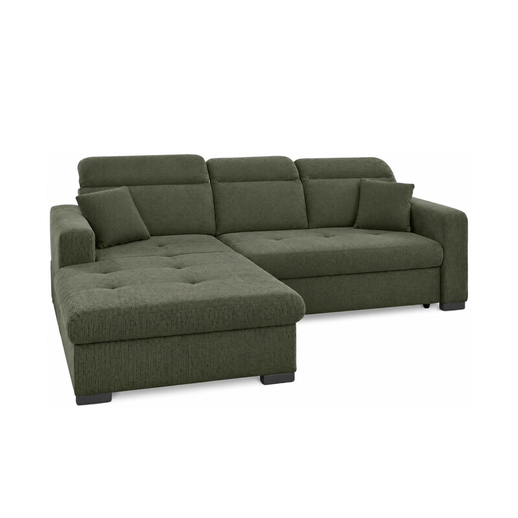 Grünes Ecksofa in Cord-Optik mit Ottomane links, verstellbaren Kopfstützen, zwei Zierkissen und schwarzen Holzfüßen