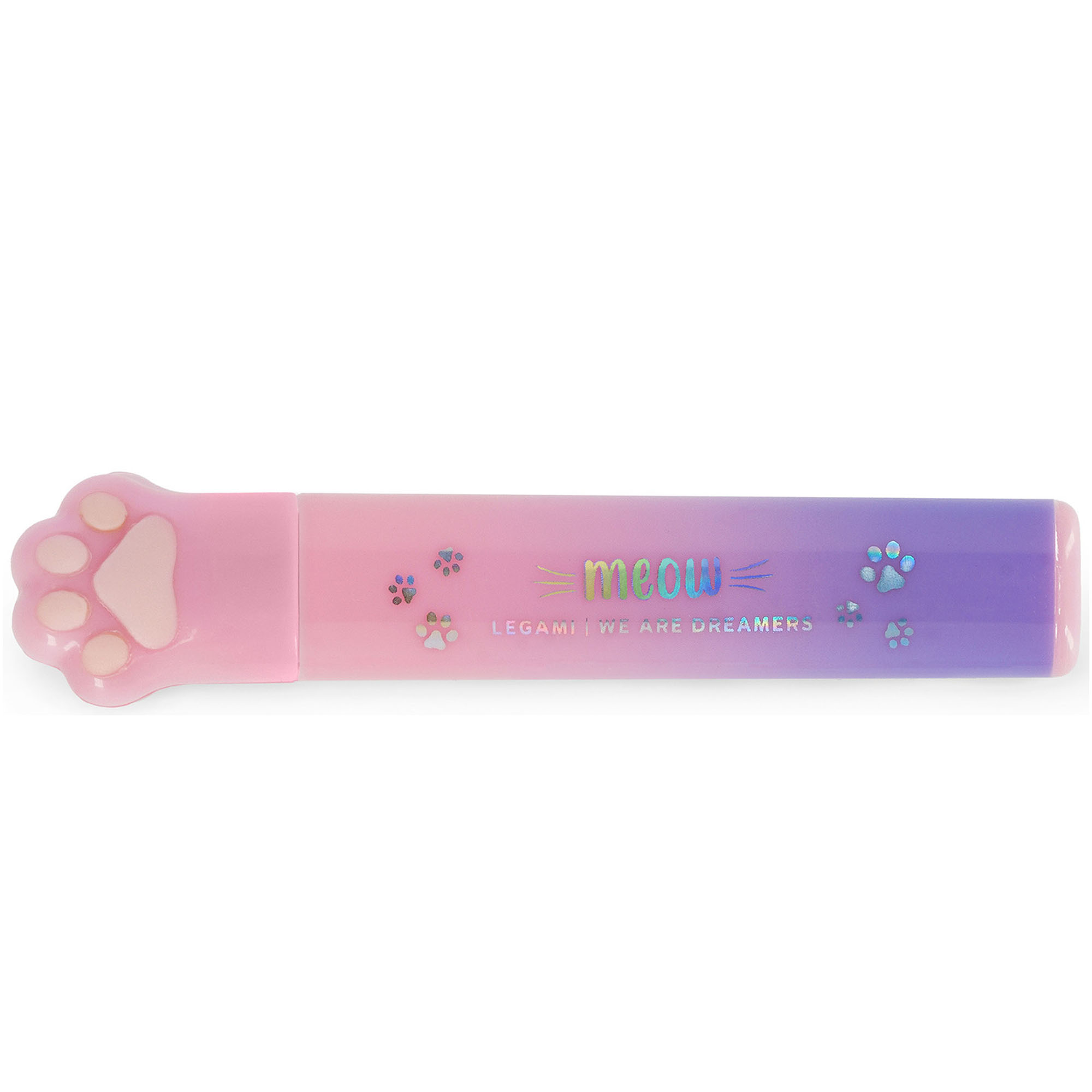 Rosa-lilafarbene Mini-Schere im Katzen-Design, vollständig in der rosa-lilafarbenen Hülle dargestellt.