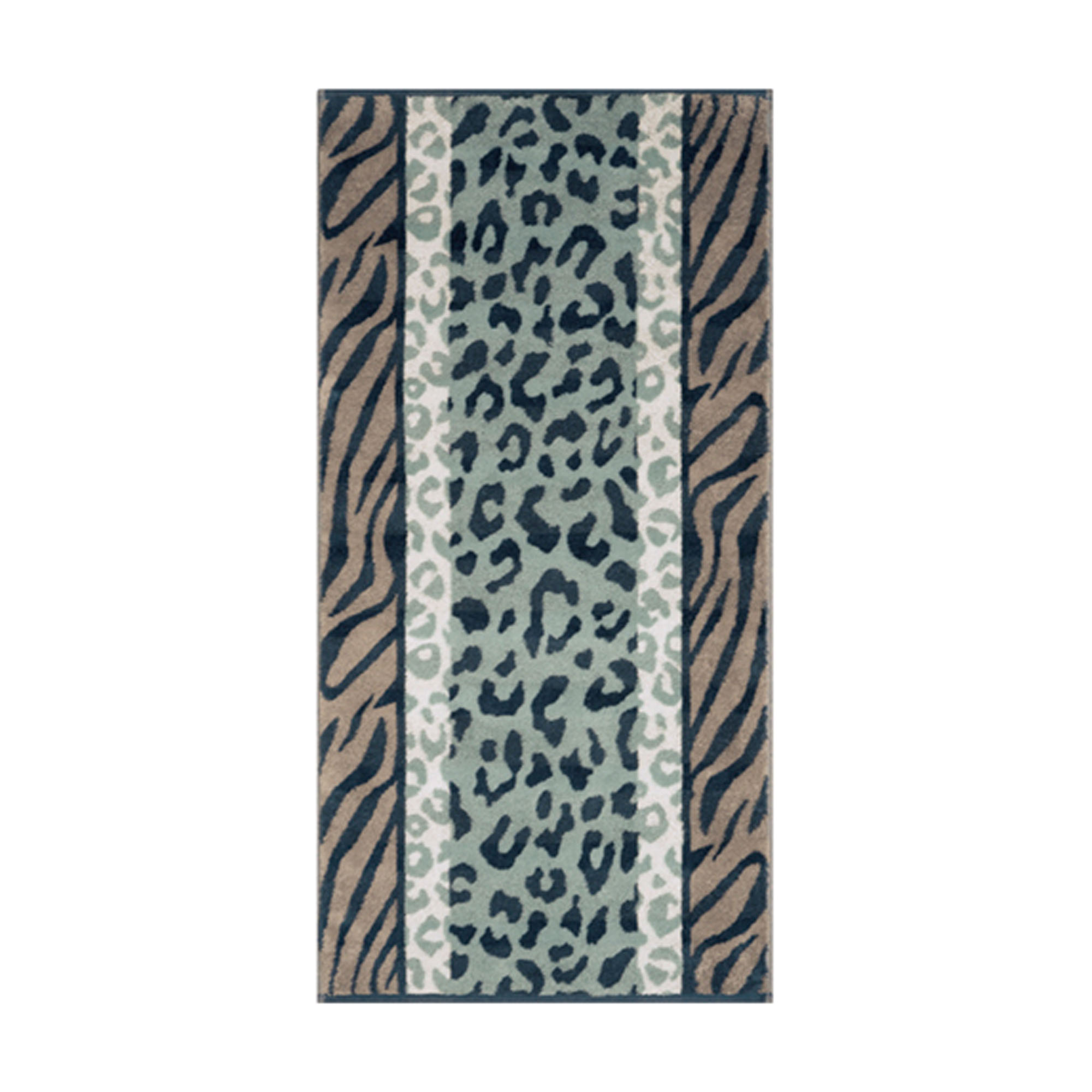 Handtuch Noblesse Animal in Türkis- und Grüntönen mit Leopardenmuster in der Mitte und gestreiften Seitenbereichen.