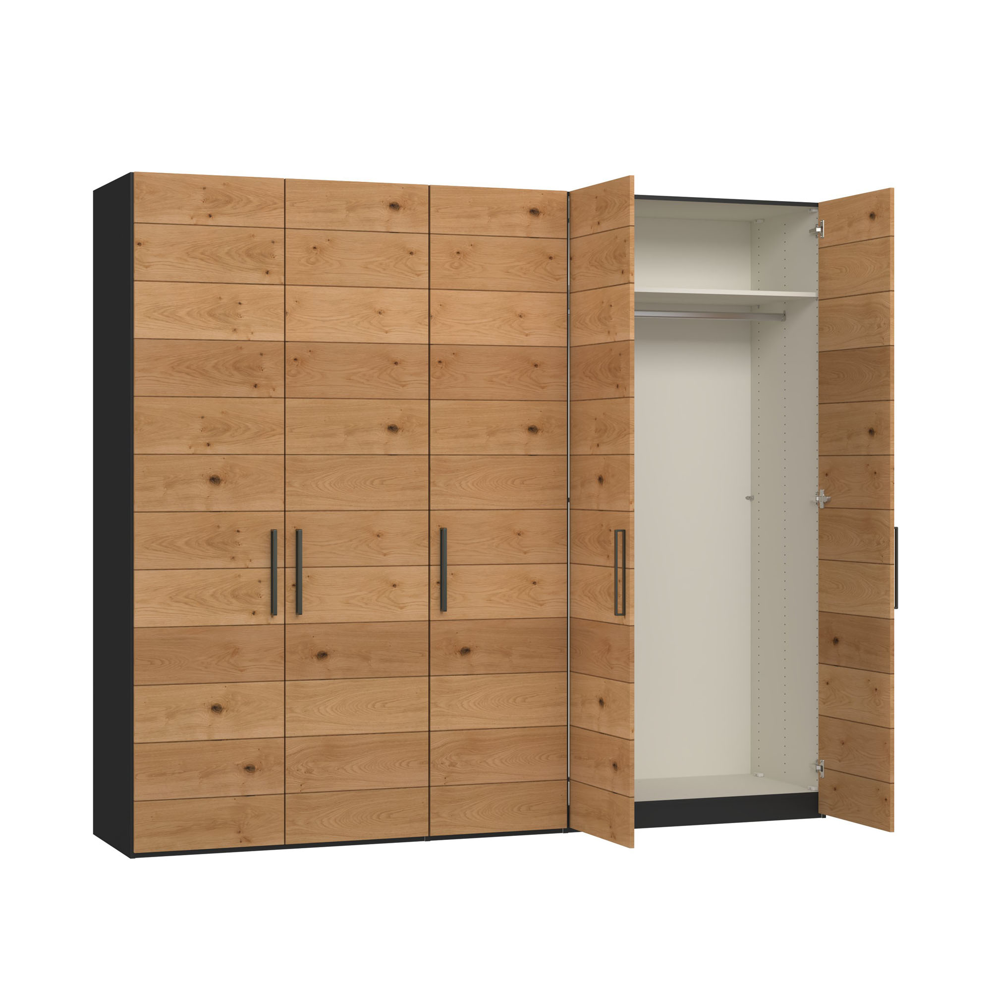 Drehtürenschrank mit teilweise geöffneten Türen und sichtbarem Innenraum