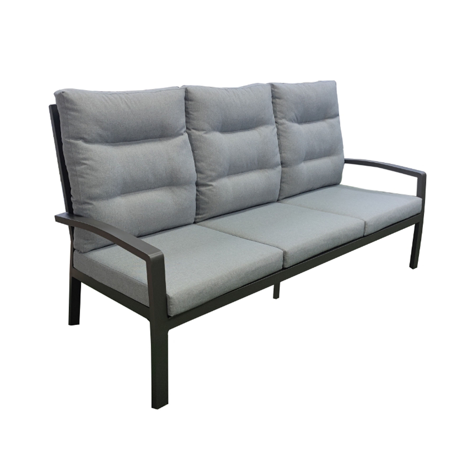 Sofa mit gepolsterter Sitzfläche und Rückenlehne auf Metallgestell in schräger Ansicht