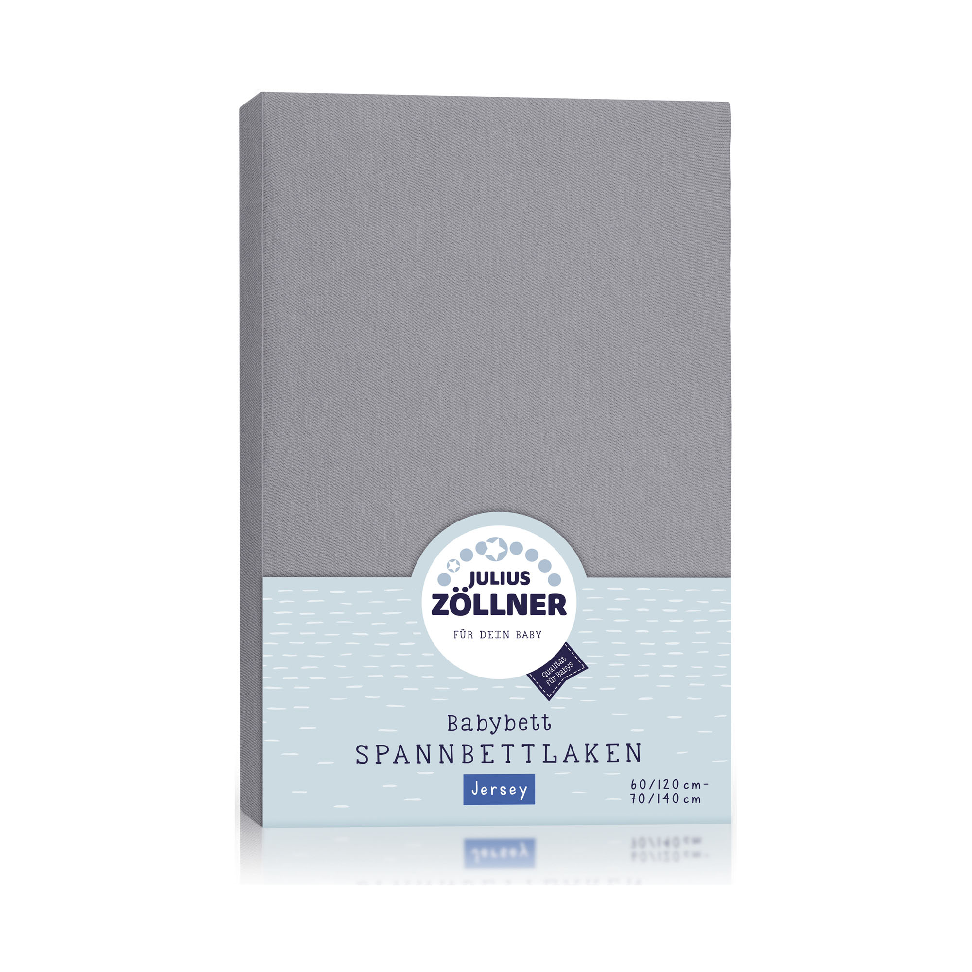 Verpacktes dunkelgraues Spannbettlaken für Babybetten von Julius Zöllner mit hellblauer Banderole und Produktangaben auf der Vorderseite