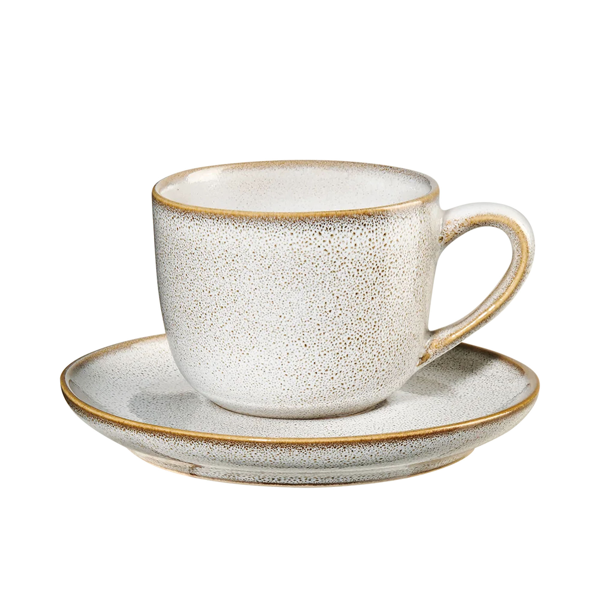 Espressotasse mit Unterteller der Serie Saisons, Farbe Nude, freigestellt auf hellem Hintergrund.