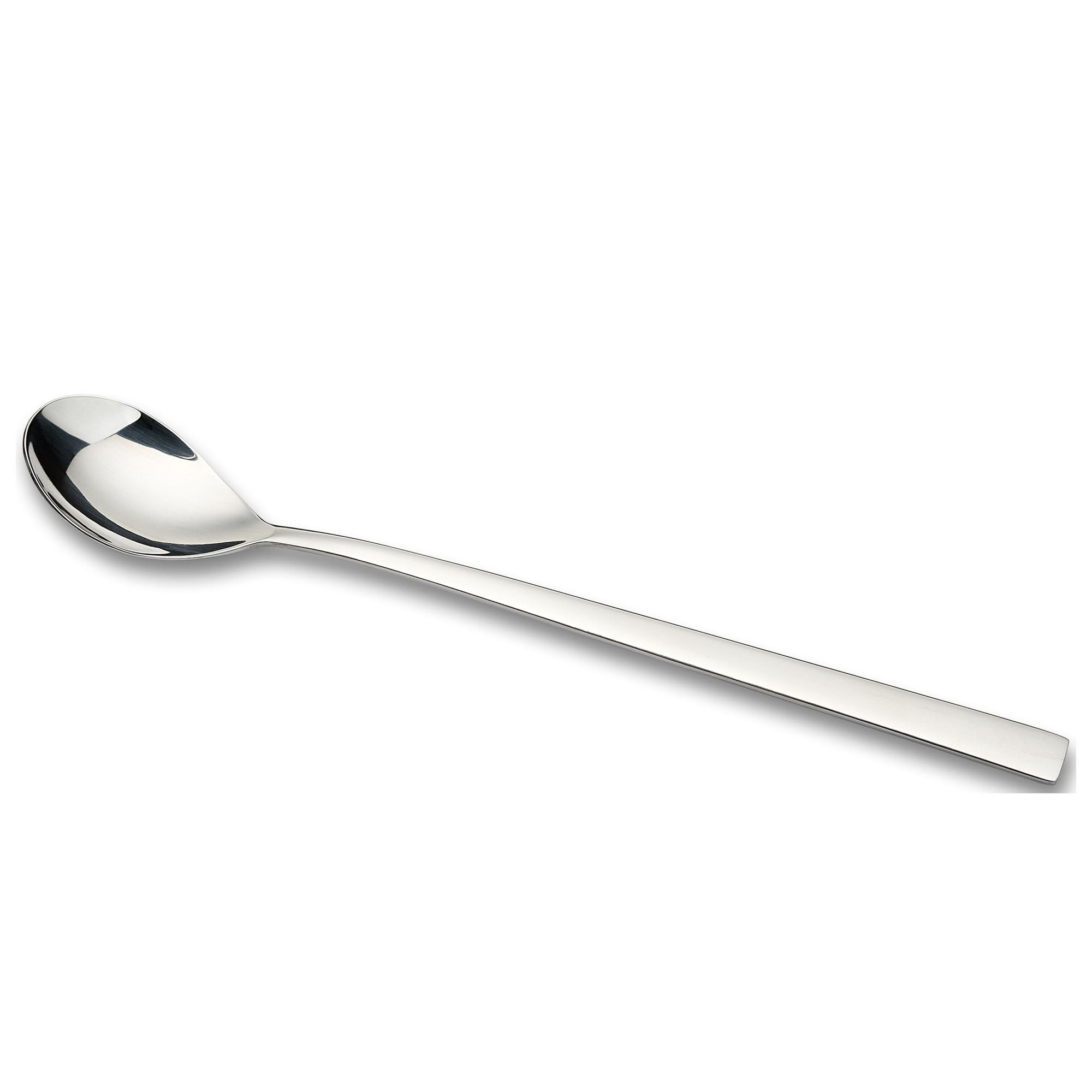 Longdrinklöffel Fusion: polierter Fusion Longdrinklöffel mit kleiner Laffe und besonders langem geradlinigem Griff, diagonal freigestellt.