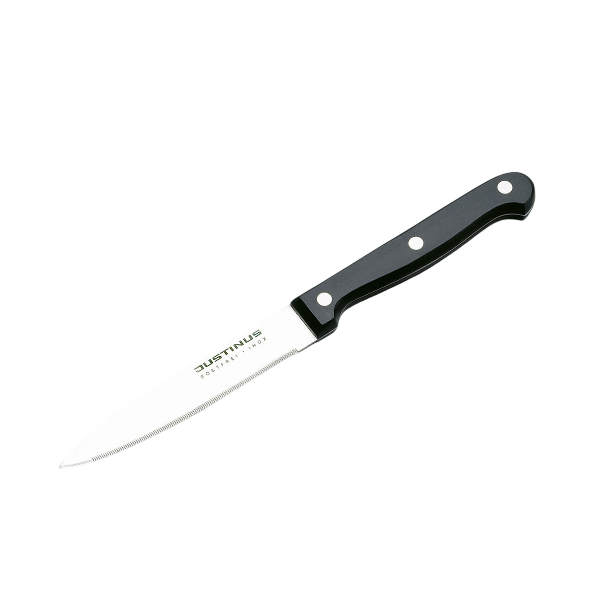 Tomatenmesser Küchenchef: Tomatenmesser mit schmaler gezahnter Klinge und schwarzem dreifach vernietetem Griff.