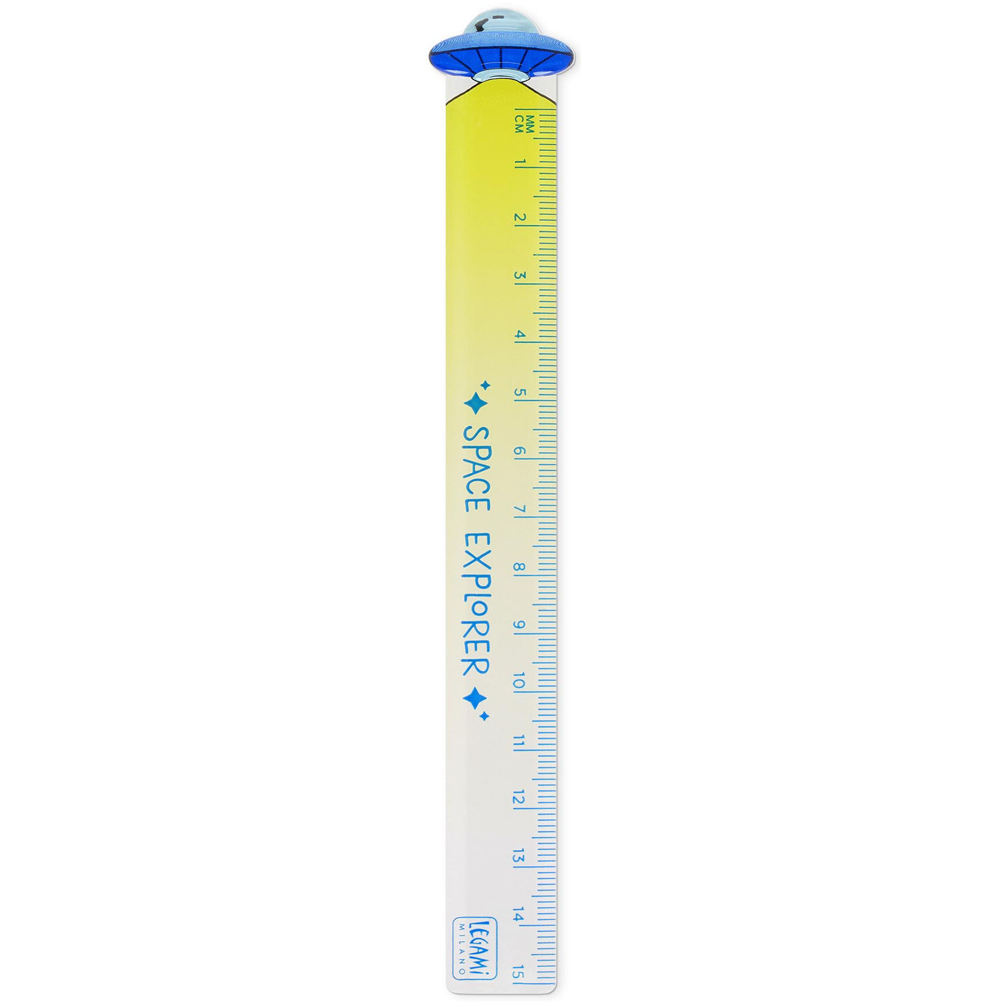 Gelb-blaues Lineal mit Weltraummotiv, senkrecht und vollständig mit Skala auf weißem Hintergrund dargestellt.