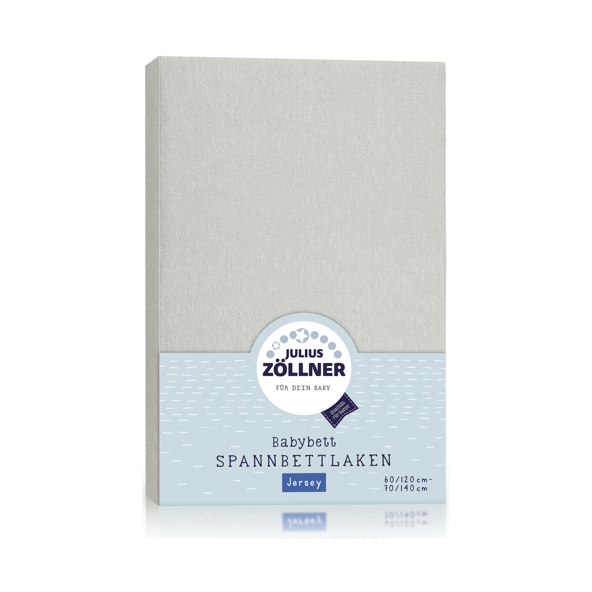 Verpacktes graues Spannbettlaken für Babybetten von Julius Zöllner mit hellblauer Banderole und Produktangaben auf der Vorderseite