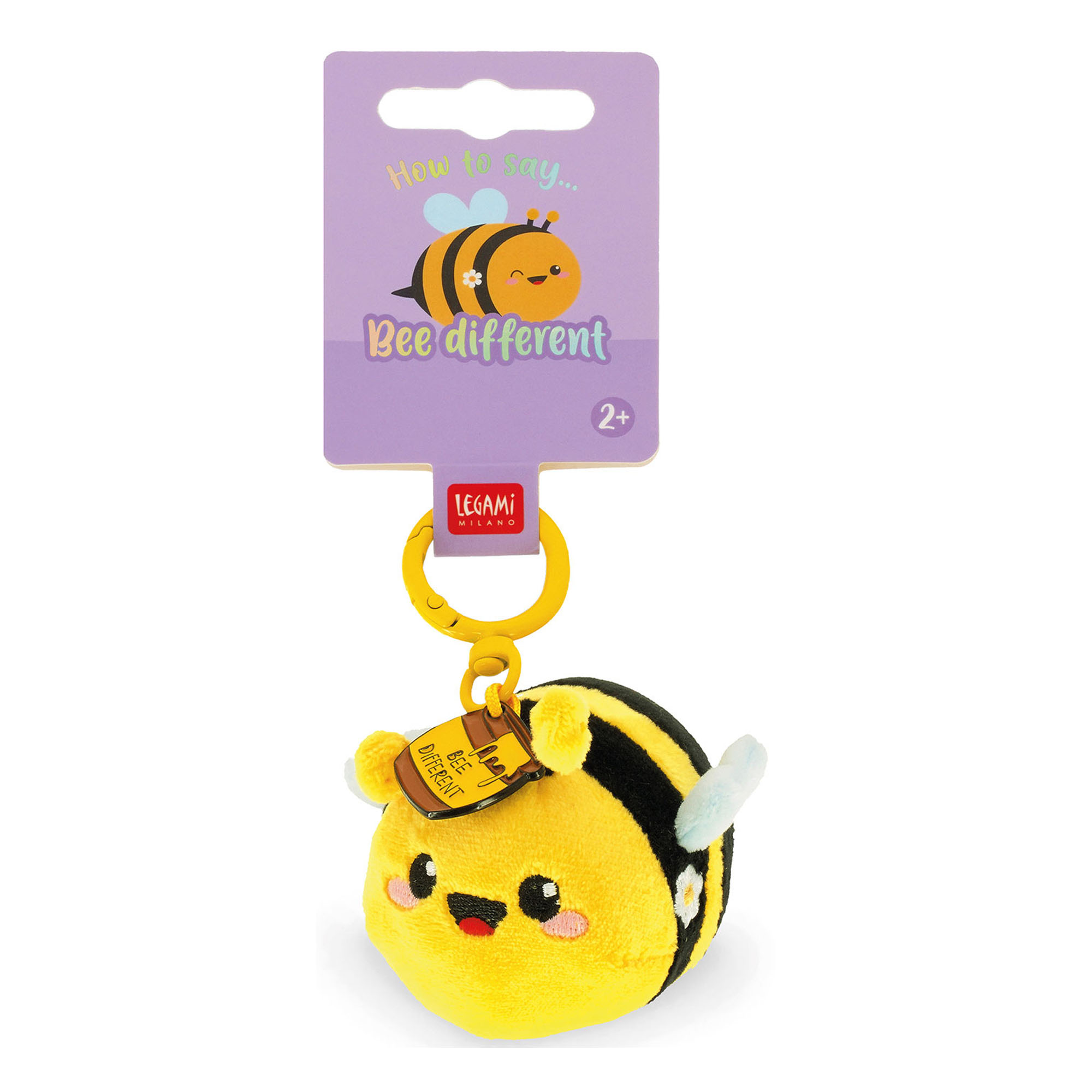 Gelber Bienen-Plüsch-Schlüsselanhänger, an der Vorderseite der Kartonaufhängung gezeigt.