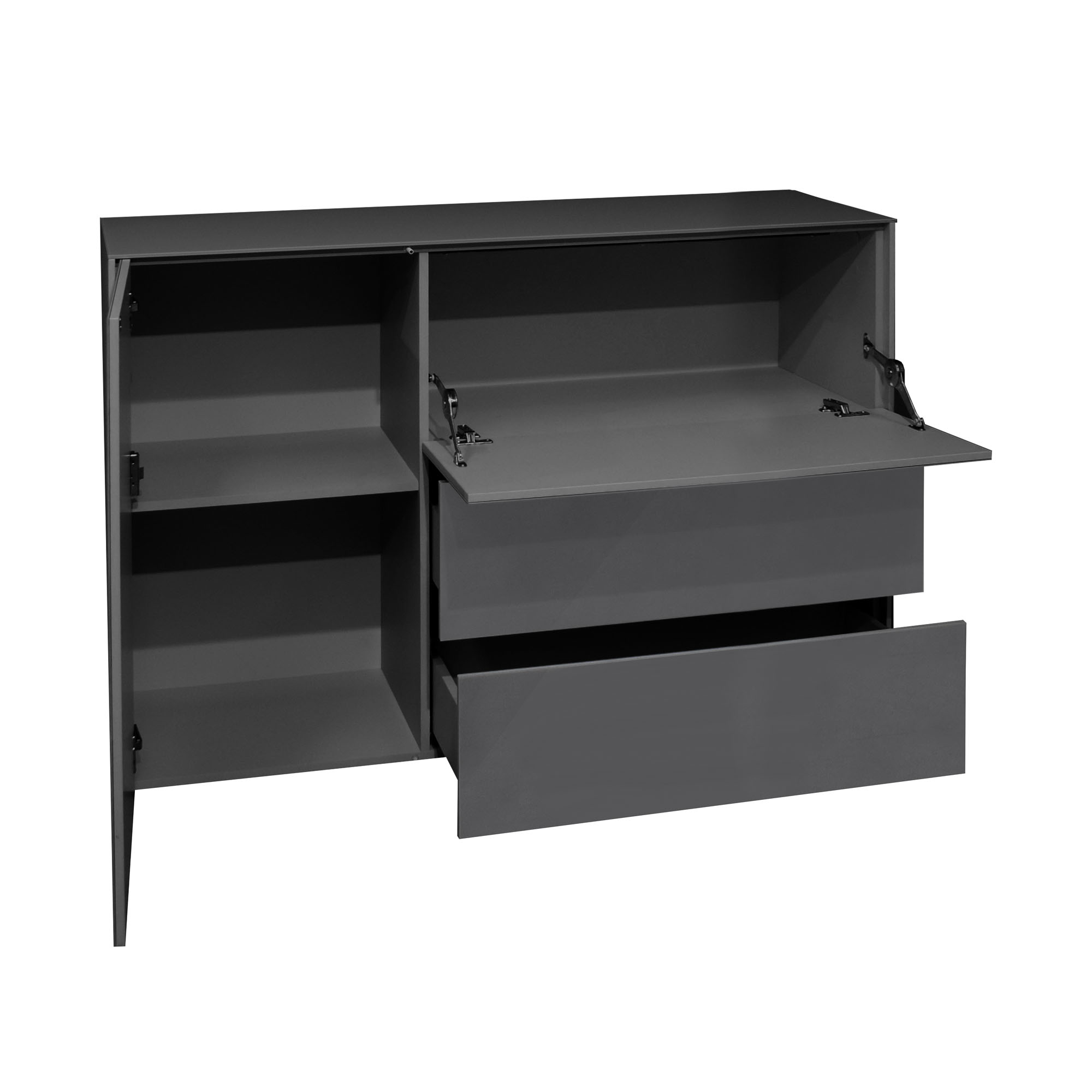 Kommode in Anthrazit mit geöffneten Fächern, zeigt Stauraum mit Einlegeböden und Schubladen, modernes Design