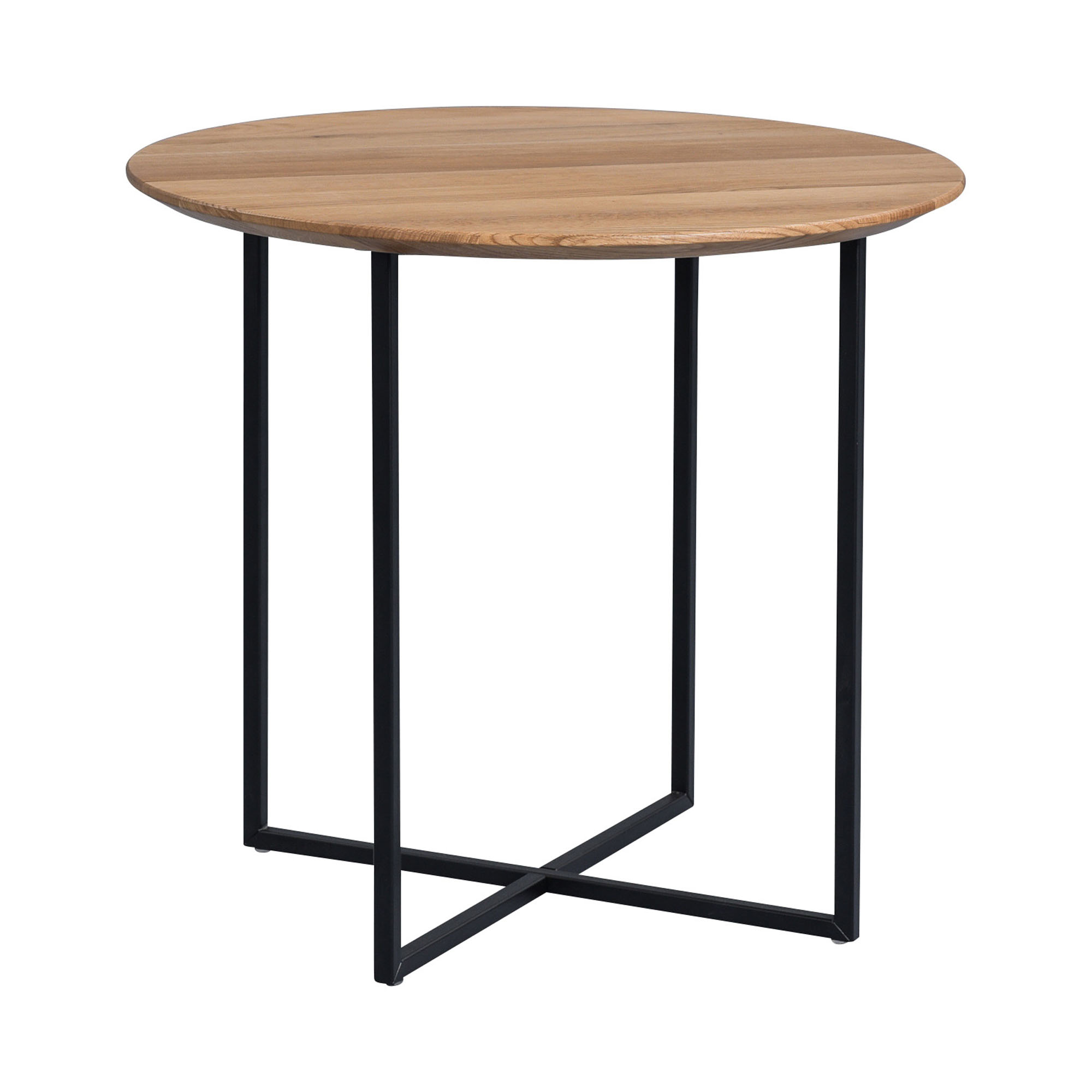 Runder Beistelltisch mit heller Holzplatte und schwarzem Metallgestell in überkreuzter Form