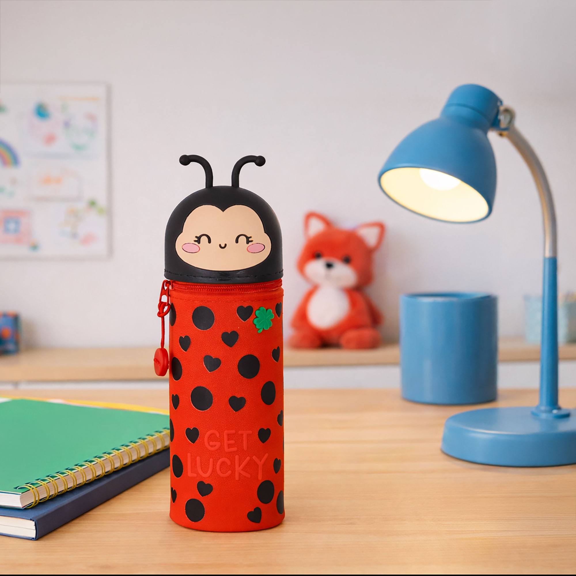 Rotes 2-in-1-Silikon-Federmäppchen im Marienkäfer-Design, aufrecht auf einem Schreibtisch neben Lampe, Büchern und Stiftebecher dargestellt.