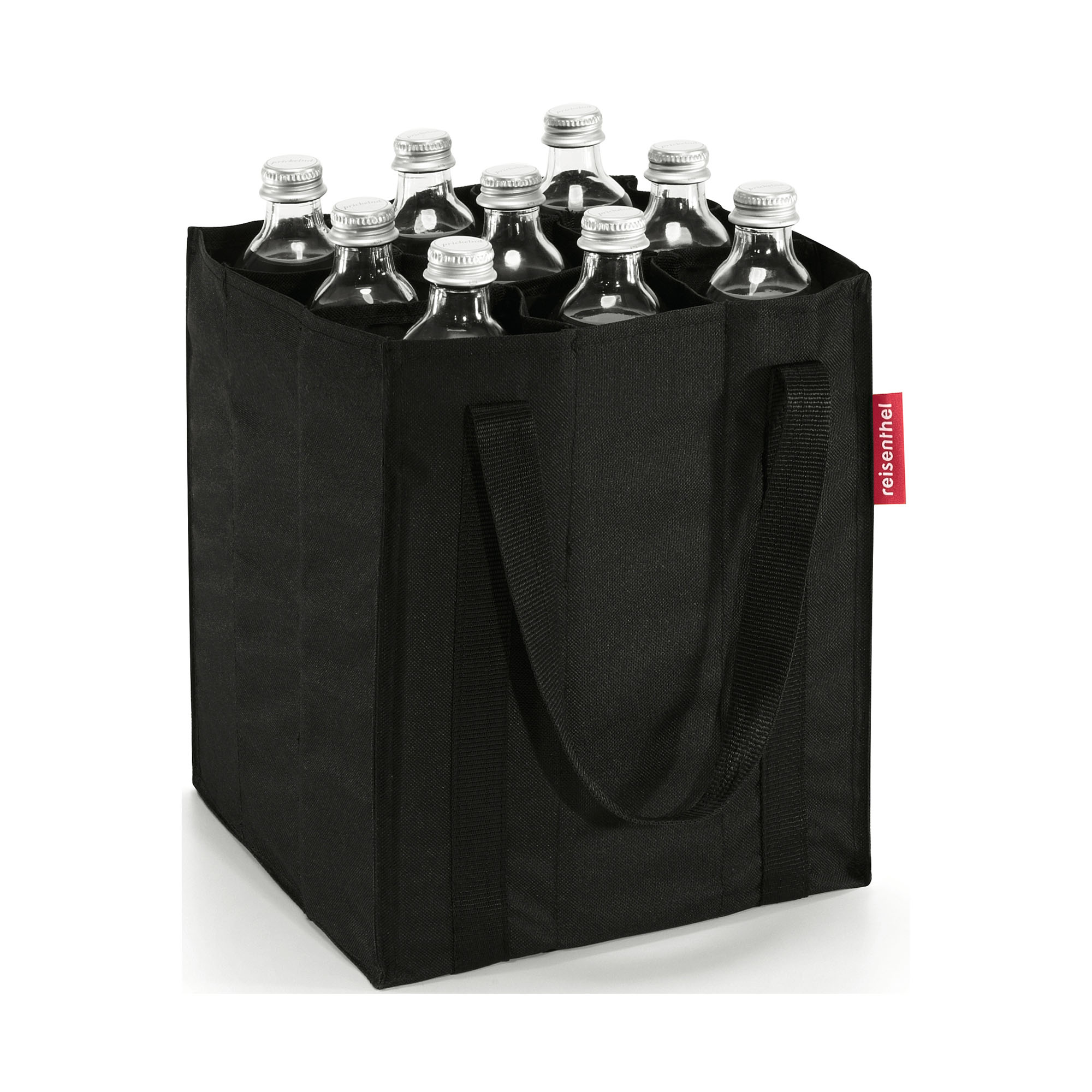 Flaschentasche von Reisenthel, Modell Bottlebag, in Schwarz, schräg von vorn mit mehreren eingesetzten Getränkeflaschen.