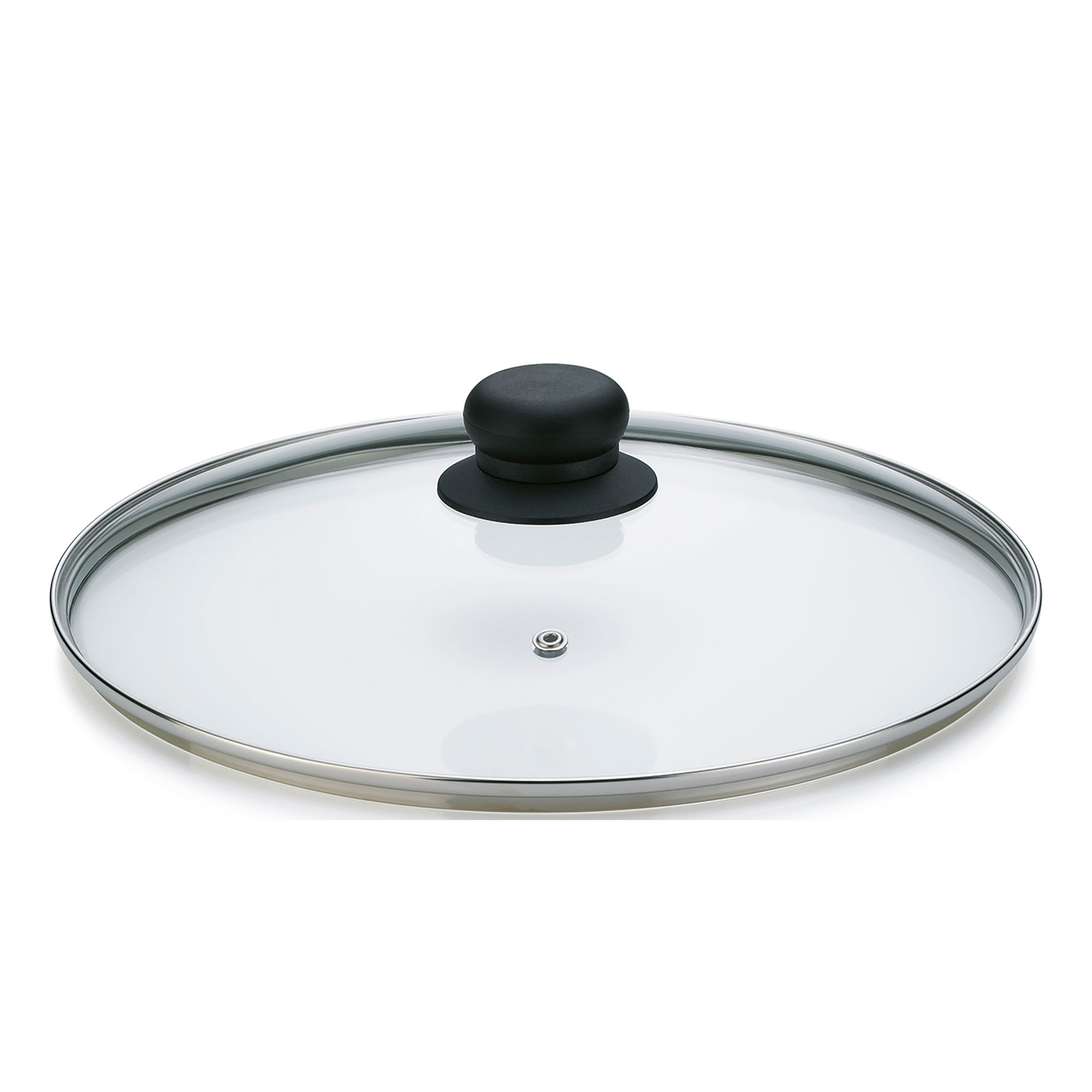 Runder transparenter Glasdeckel mit silberfarbenem Rand, schwarzem Knauf und kleiner Dampföffnung