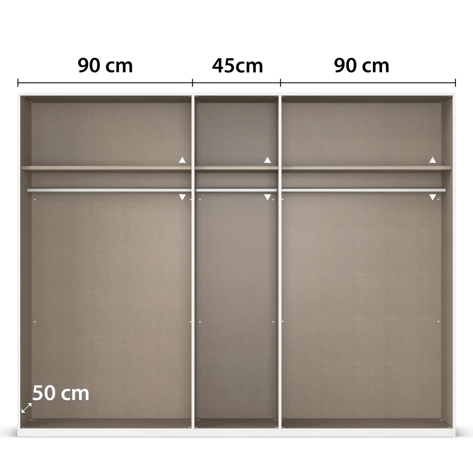 Innenansicht eines 5-türigen Kleiderschranks mit drei Fächern, Einlegeböden und Kleiderstangen, mittleres Fach 45 cm breit