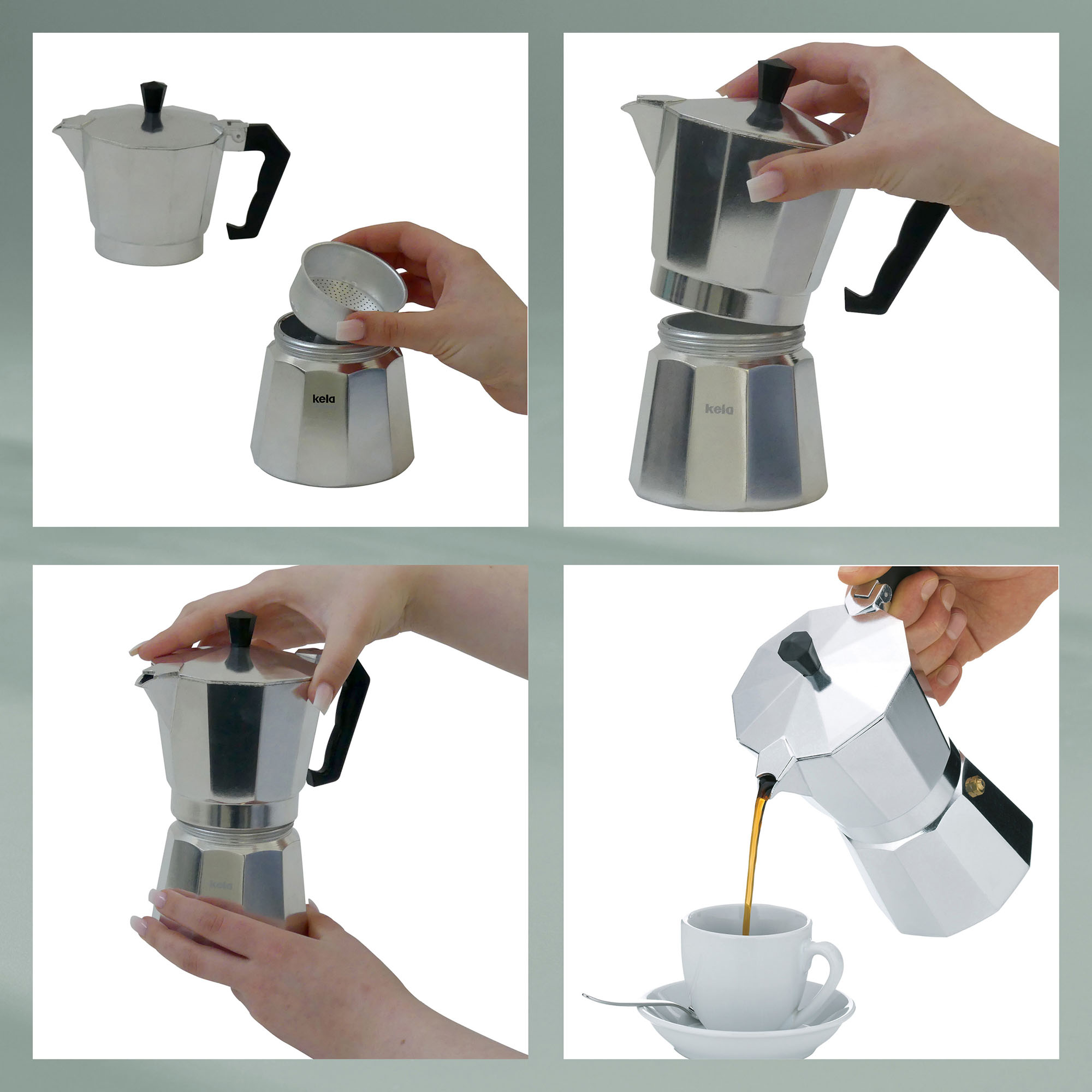 Vier Bildfolgen zeigen das Öffnen, Befüllen, Zusammensetzen und Ausgießen des Espressobereiters