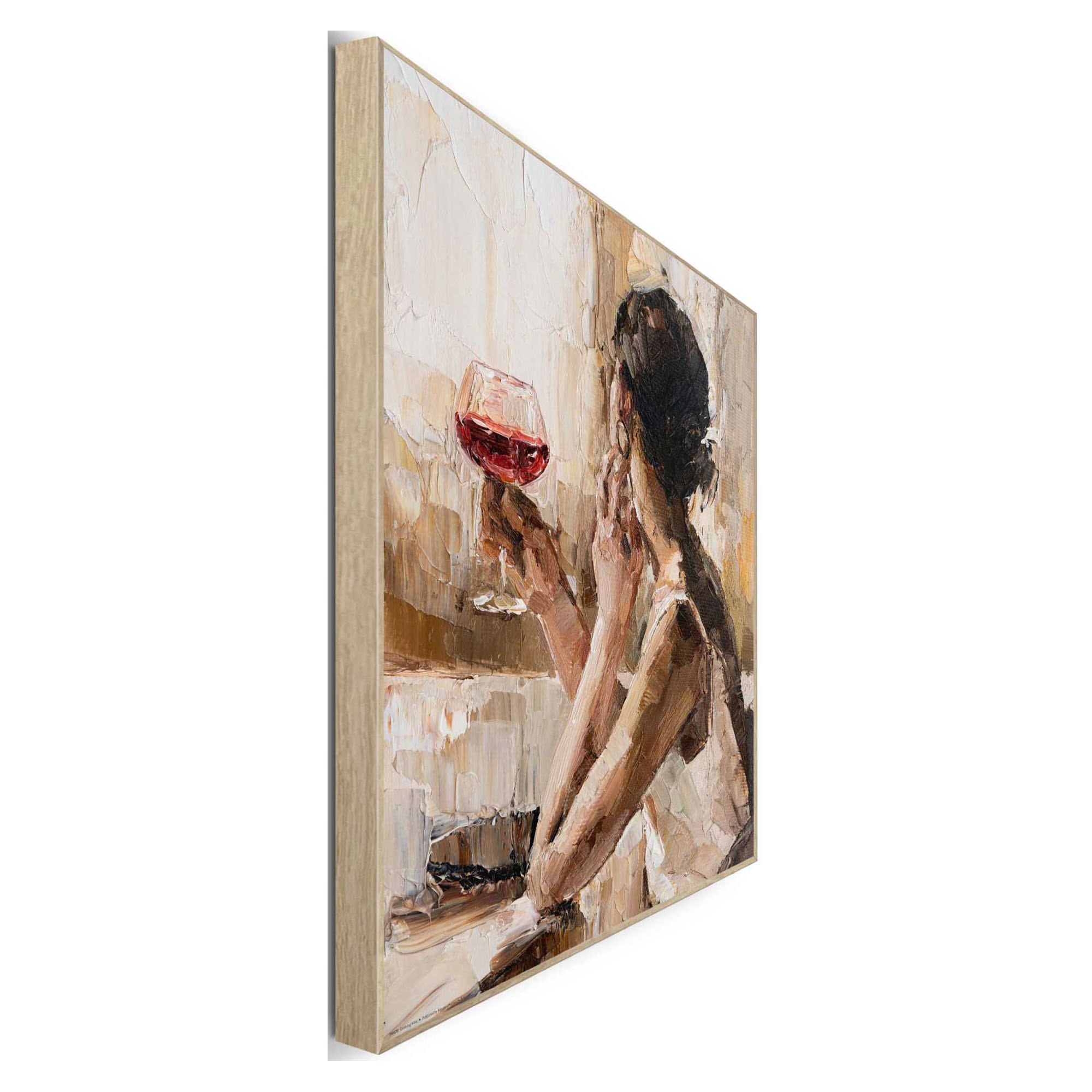 Seitliche Schrägansicht des Wandbilds „Drinking Wine“, 50 × 40 cm; Profil, Kante und Tiefe des Bildes sind erkennbar.
