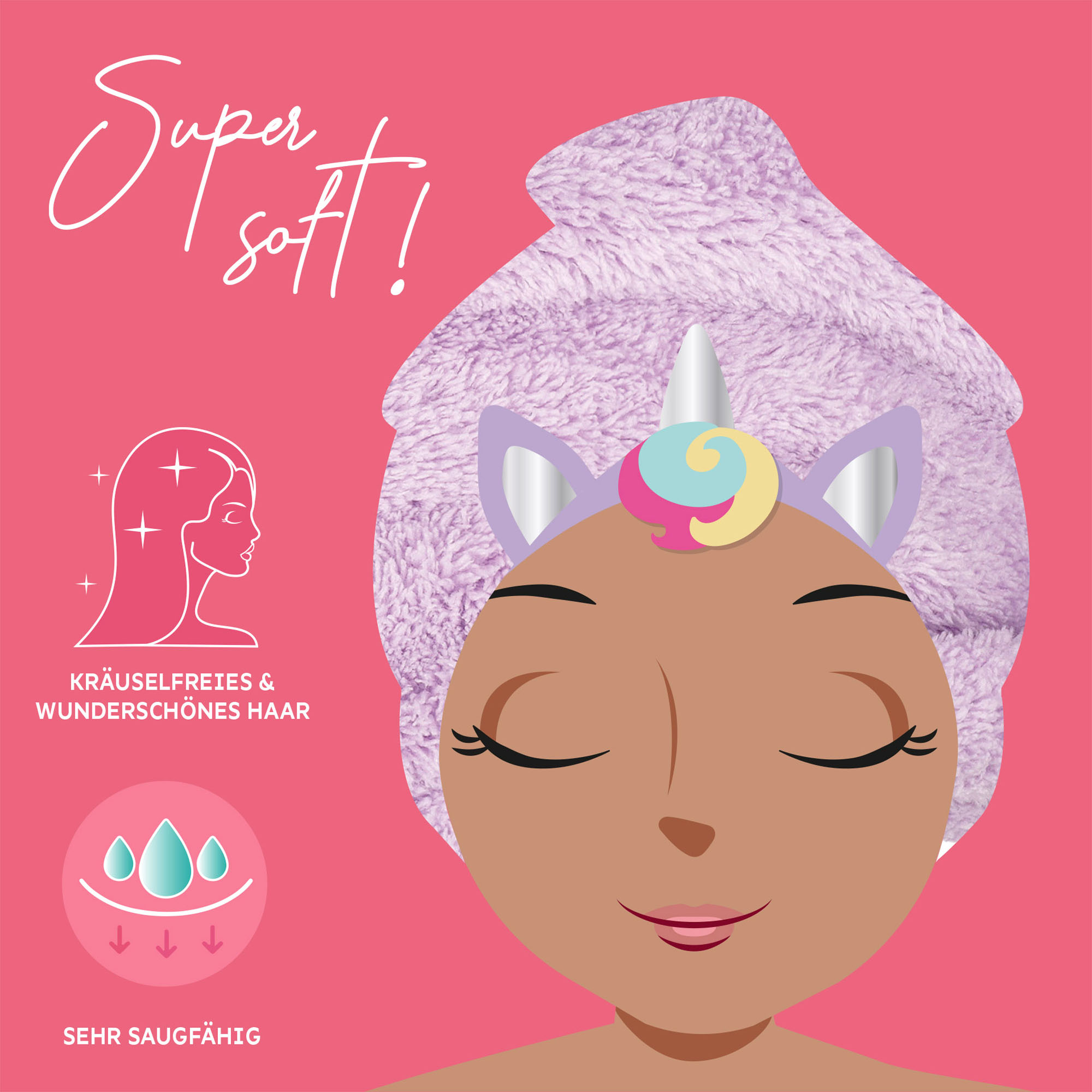 Lilafarbenes Haarturban-Handtuch im Einhorn-Design, in einer Illustration als Turban auf dem Kopf einer Person gezeigt.