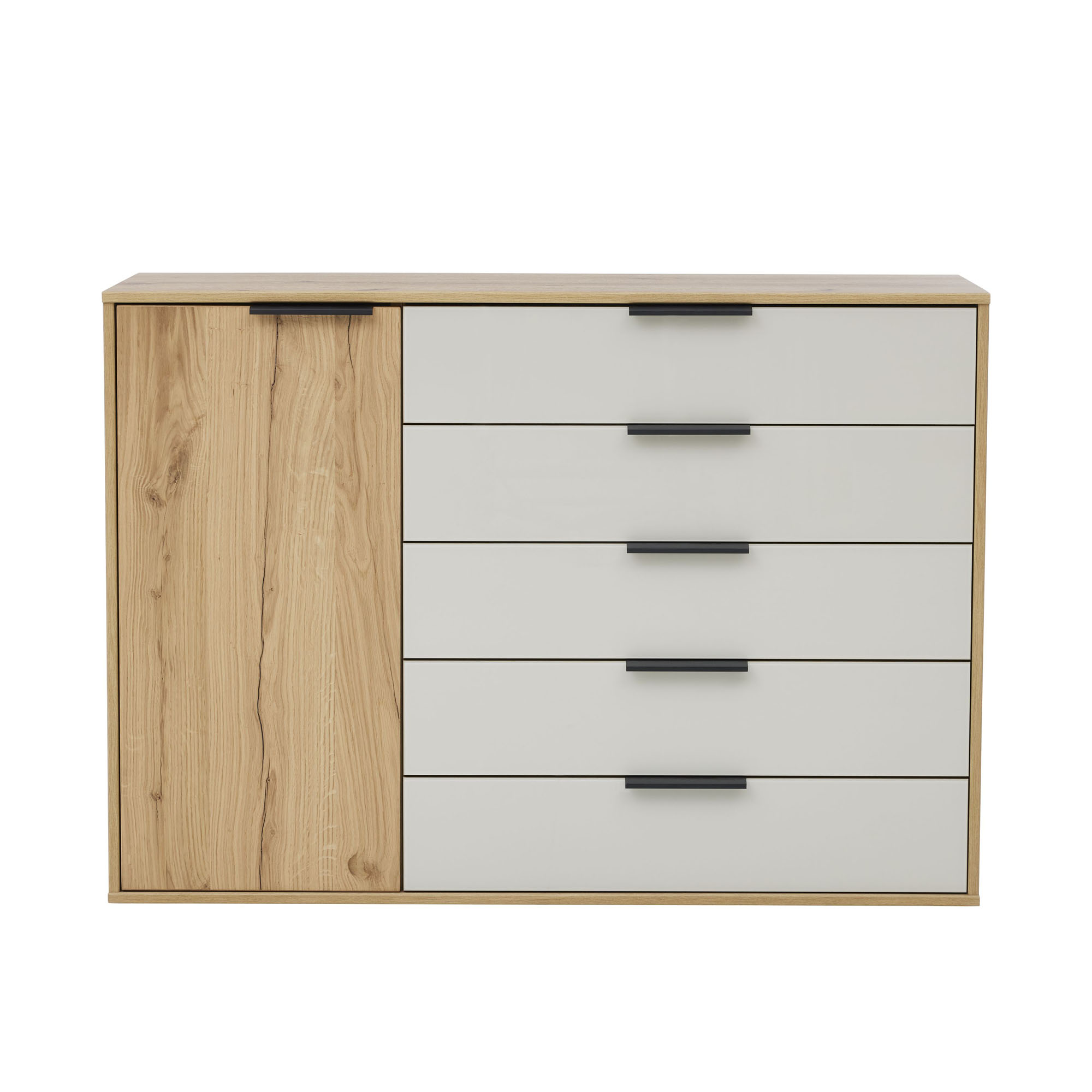 Interliving 1034 Kommode mit fünf Schubladen und einer Drehtür in Holzoptik und heller Front
