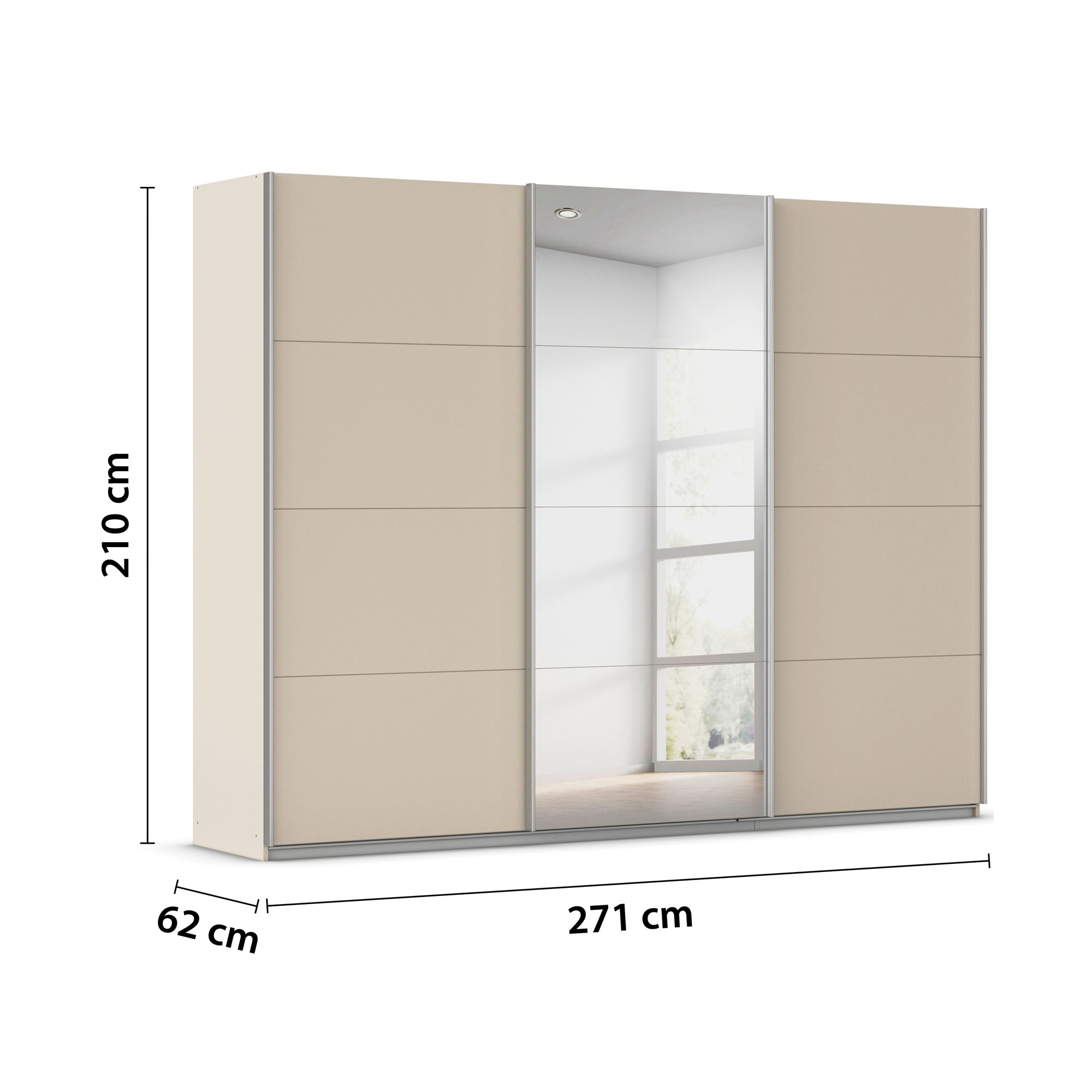 Bemaßter Kleiderschrank mit 271 cm Breite, 210 cm Höhe und 62 cm Tiefe