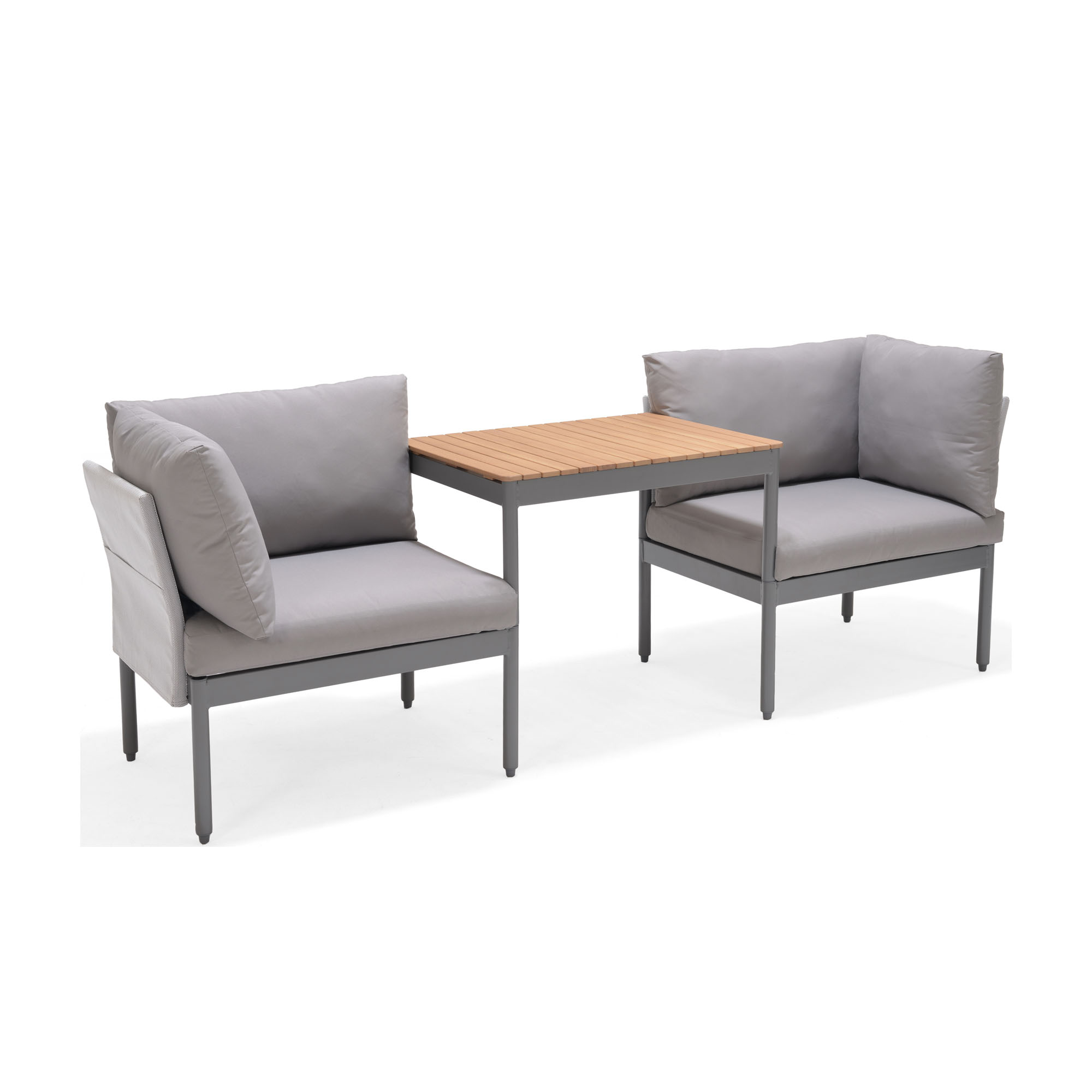 Zwei Eckelemente einer modernen Gartenlounge mit integriertem Teak-Zwischentisch und wetterfesten Polstern.