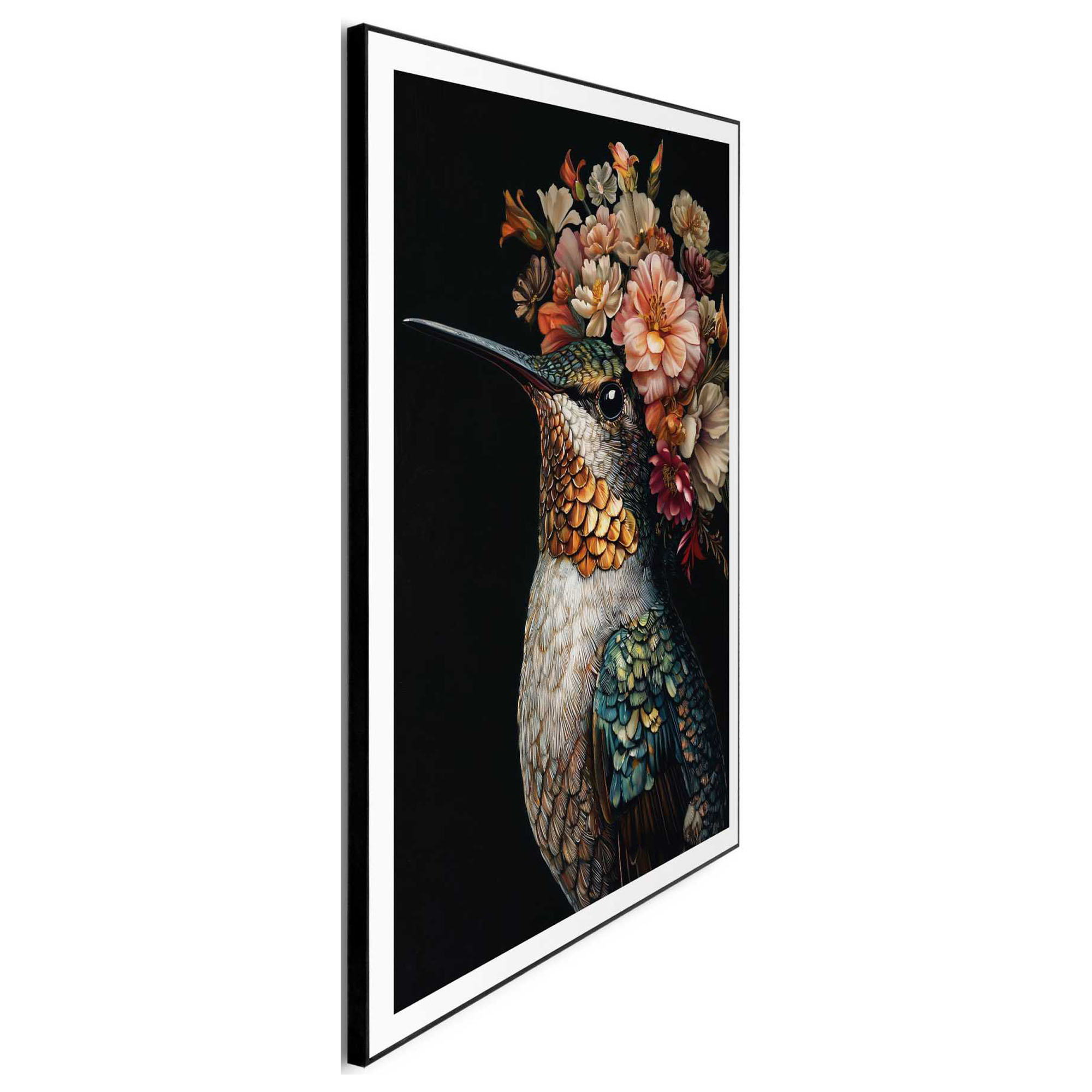 Seitliche Schrägansicht des Wandbilds „Lovely Hummingbird“, 50 × 70 cm; Profil, Kante und Tiefe des Bildes sind erkennbar.