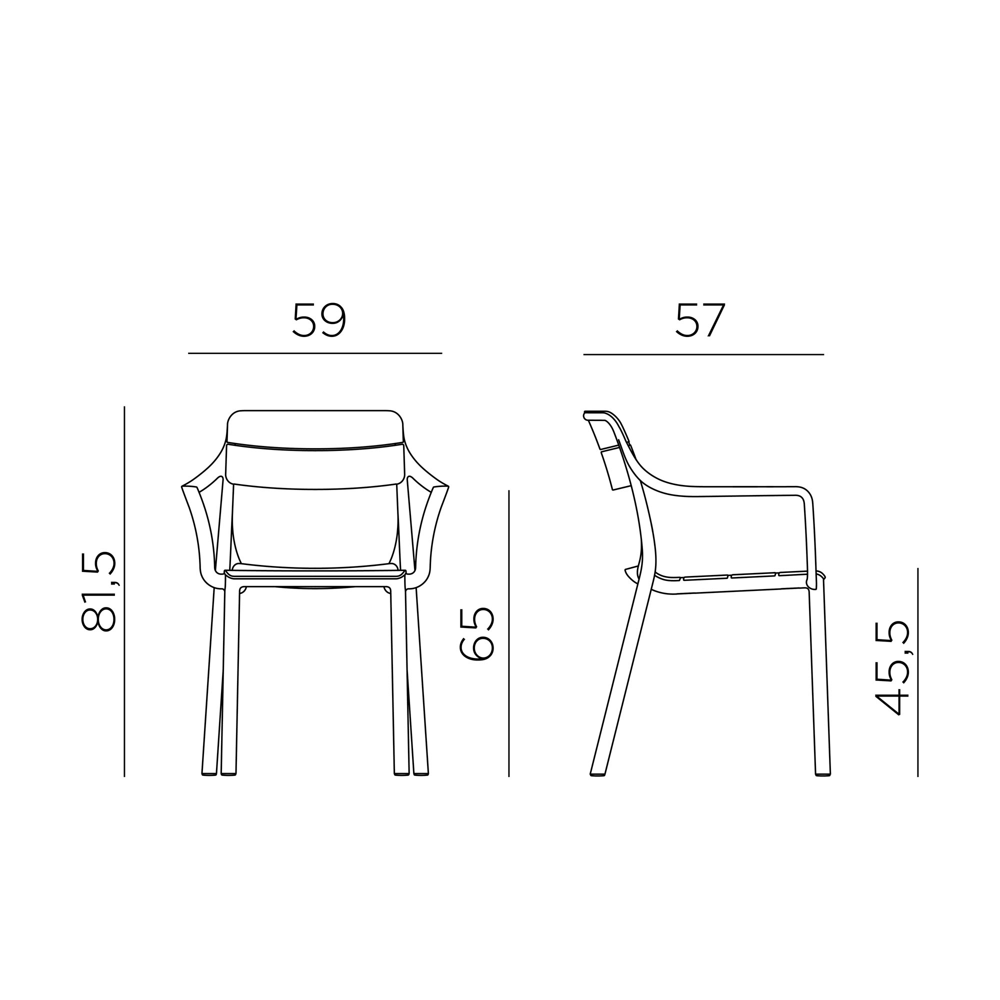 Technische Zeichnung eines Stuhls mit Armlehnen, von vorne und von der Seite dargestellt. Die Maße sind mit 81,5 cm Höhe, 59 cm Breite, 57 cm Tiefe, 65 cm Armlehnenhöhe und 45,5 cm Sitzhöhe angegeben.