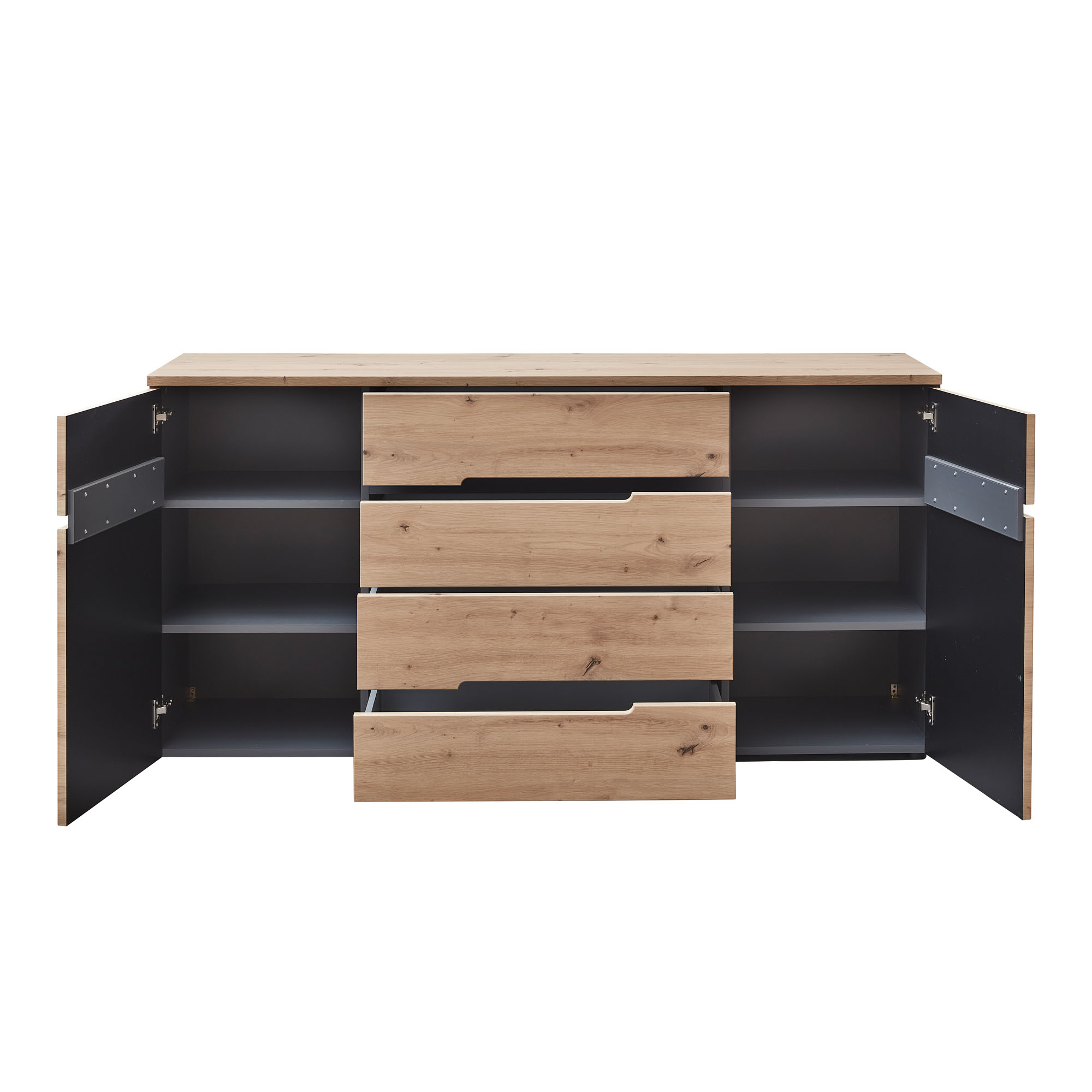 Geöffnetes Sideboard mit drei geöffneten Schubladen in der Mitte und seitlich offenen Türen mit mehreren Innenfächern.