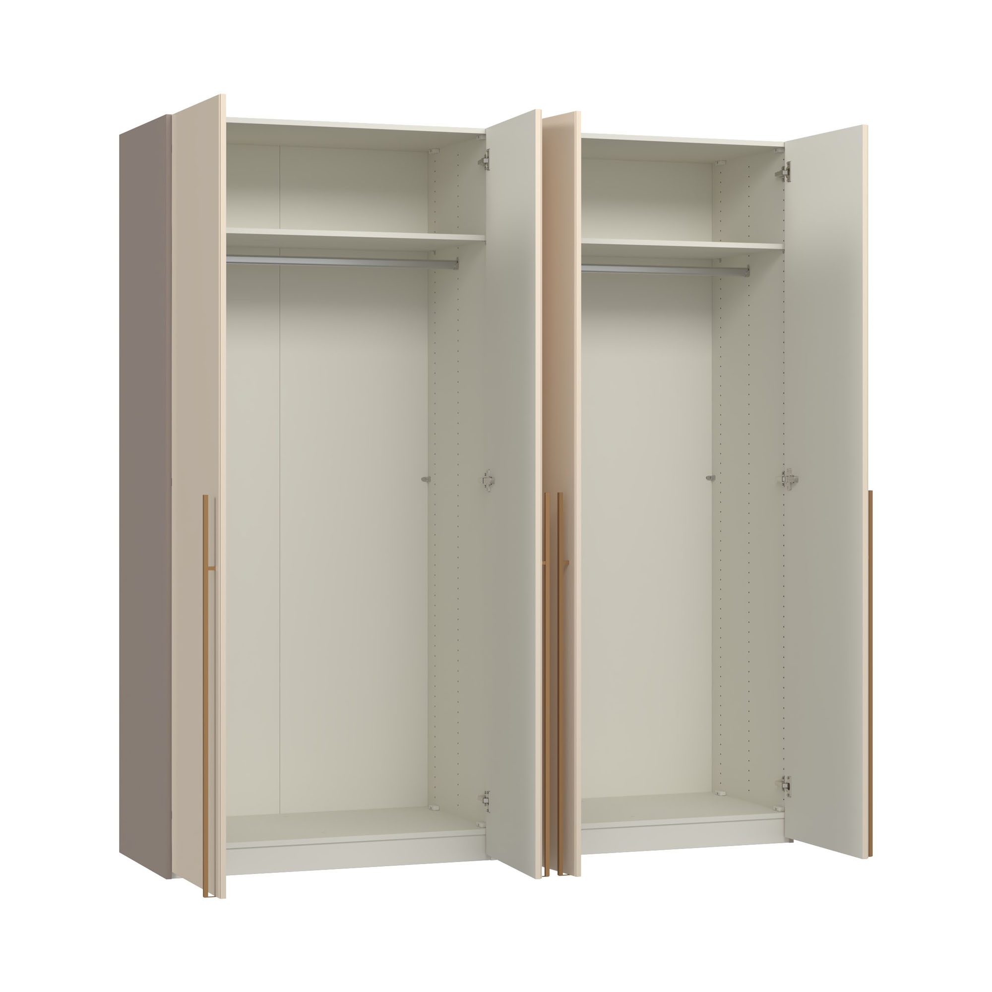 Kleiderschrank mit zwei geöffneten Drehtüren und Innenaufteilung mit Kleiderstangen