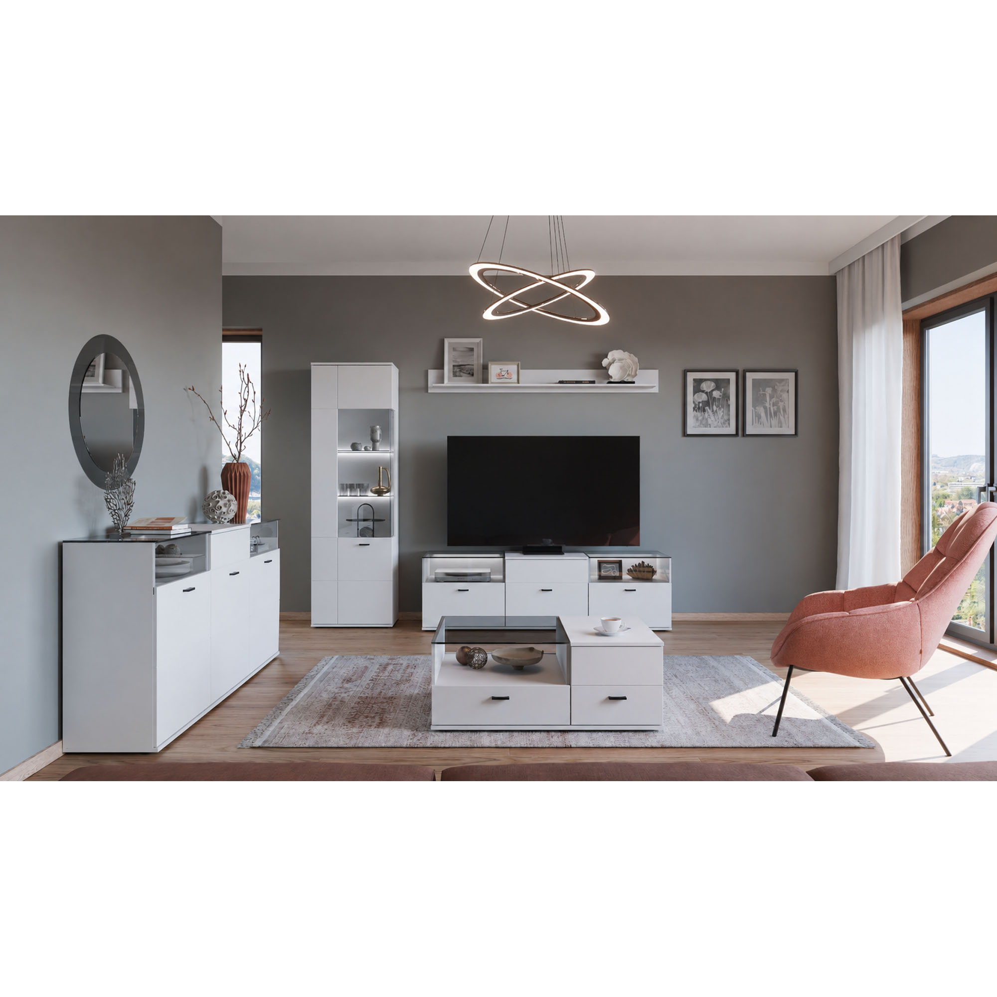 Moderne Wohnzimmereinrichtung mit Möbeln der Serie Rion in Weiß, inklusive beleuchteter Vitrine, Sideboard, TV-Lowboard und Couchtisch