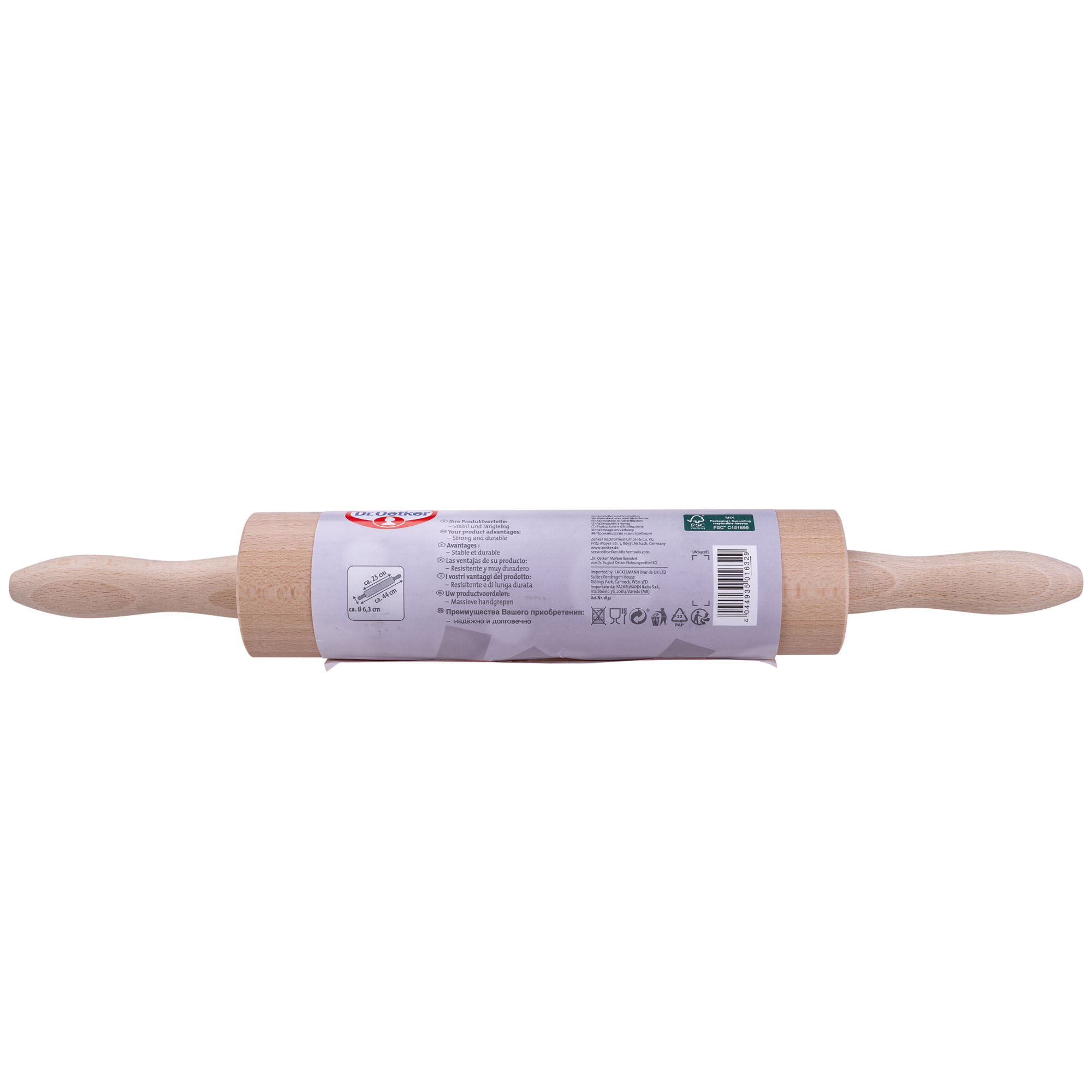 Rückseite der Verpackung einer Holz Teigrolle mit Details und Barcode