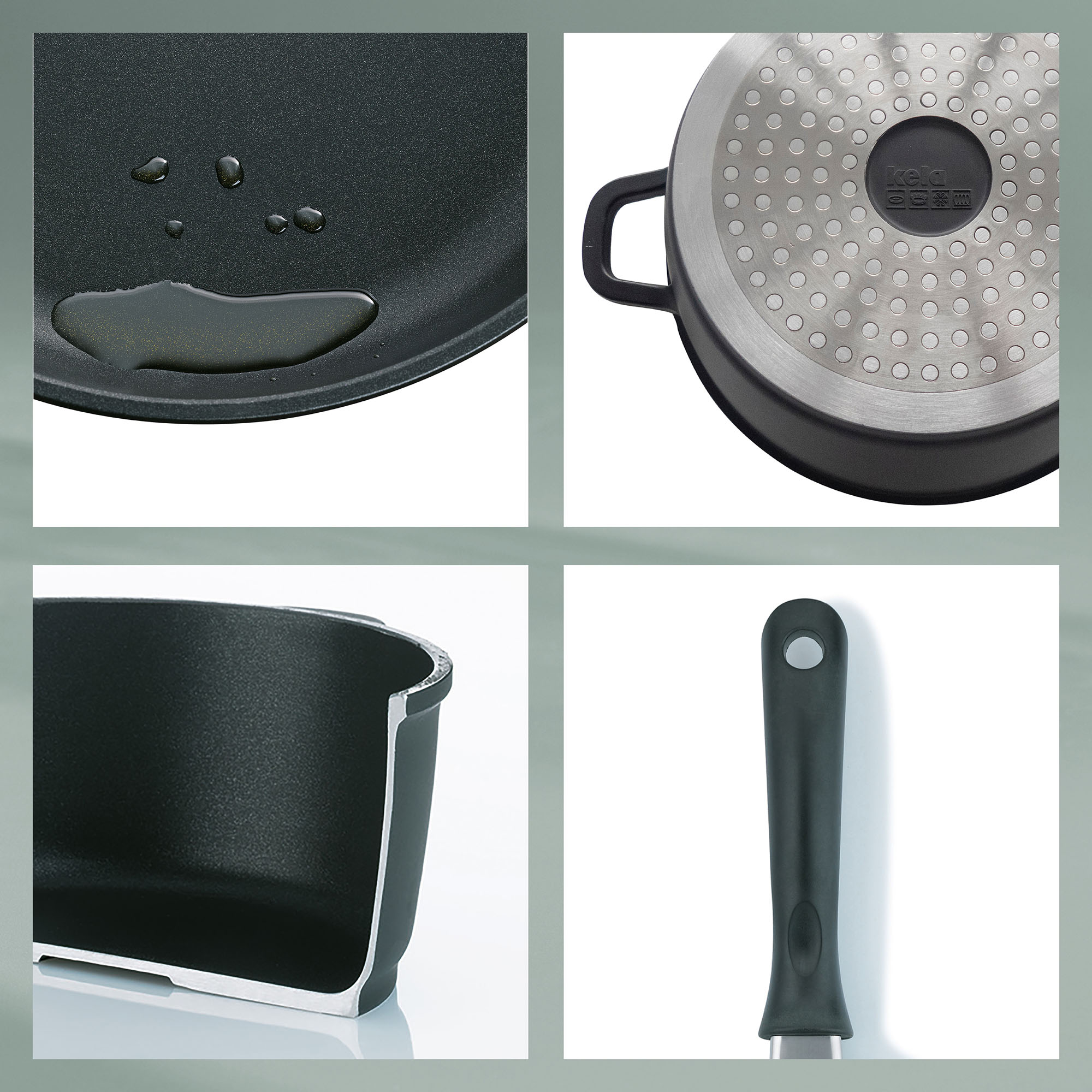 Collage mit Pfannenboden Unterseite Seitenwand und schwarzem Griff der Bratpfanne