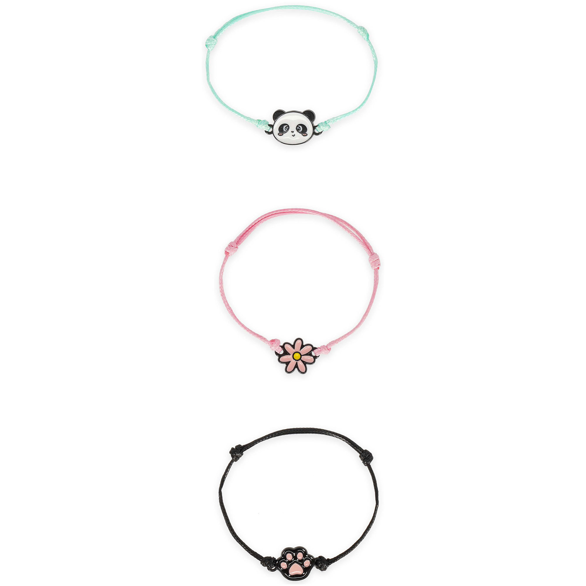 Drei Armbänder mit Panda- und Blumenanhängern, mit drei Armbändern einzeln untereinander dargestellt.