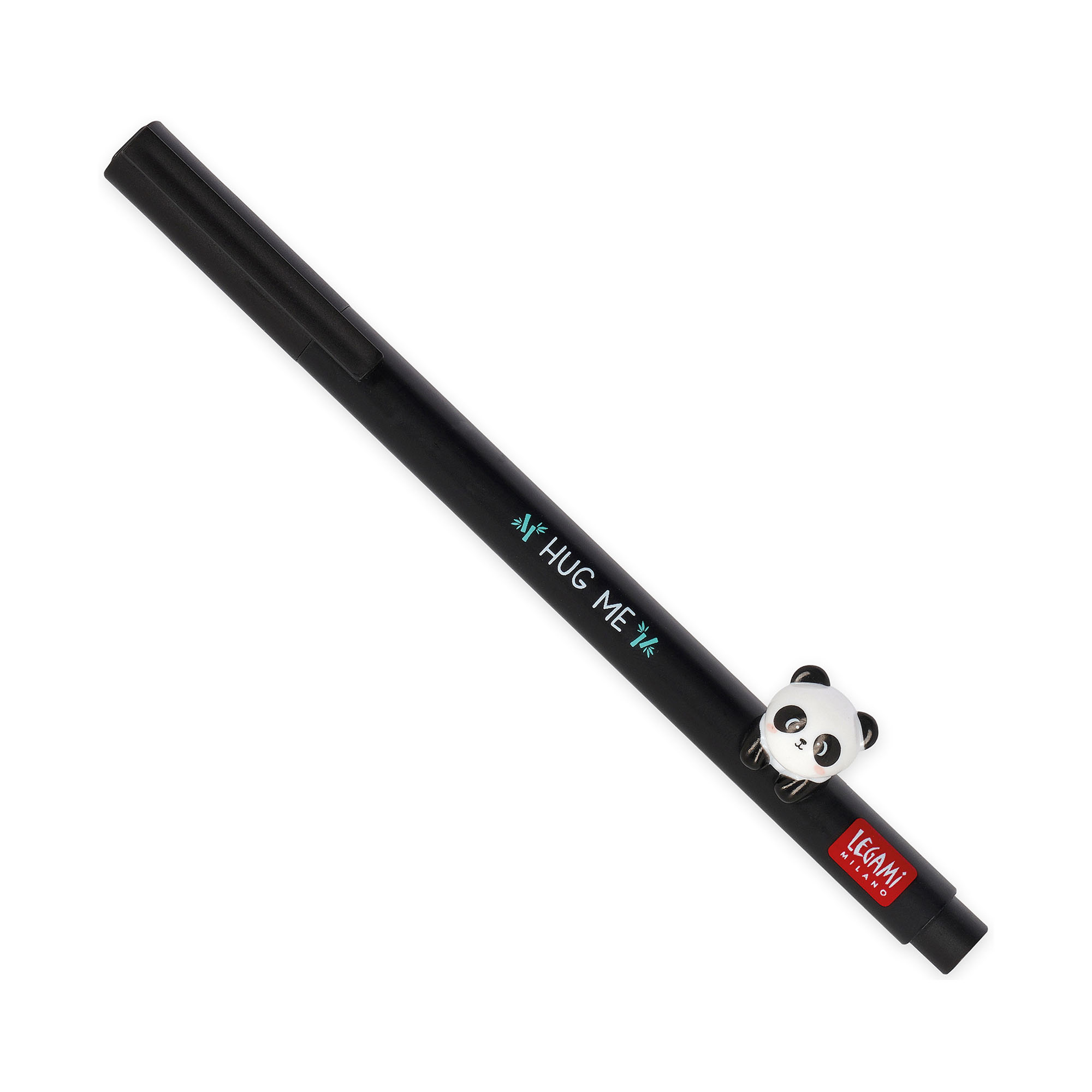 Schwarzer Gelstift mit Panda-Aufsatz, vollständig auf weißem Hintergrund dargestellt.