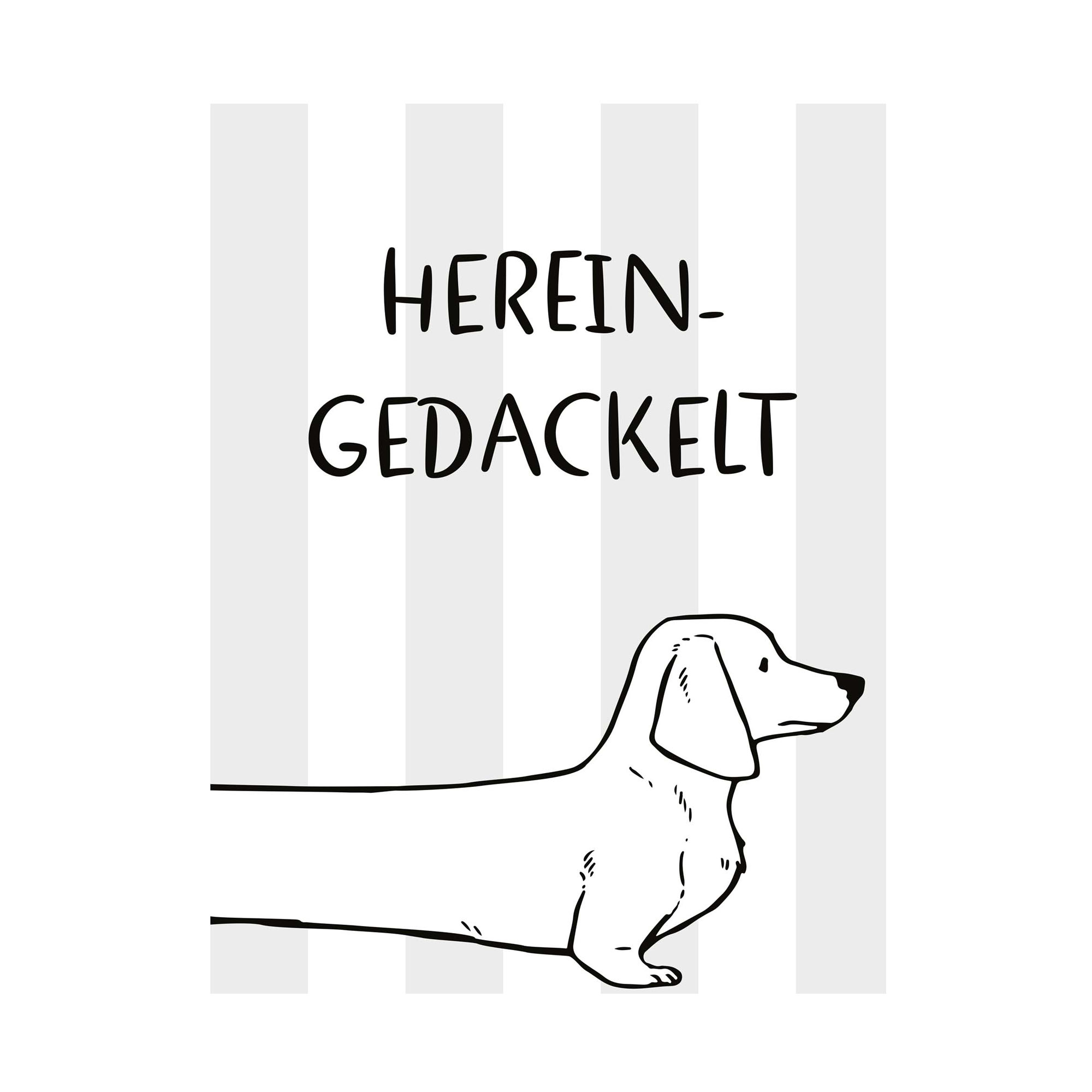 Schwarz-weißes Dekobild mit Schriftzug Herein Gedackelt und gezeichnetem Dackel vor gestreiftem Hintergrund