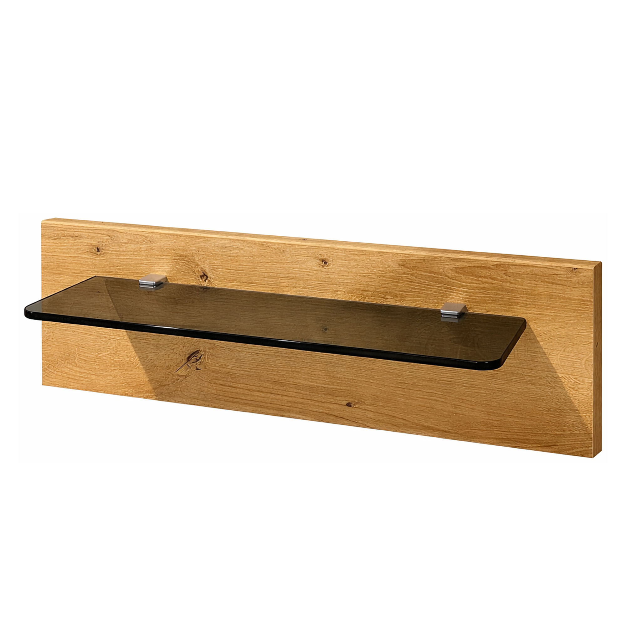 Wandpaneel in Holzoptik mit aufgesetzter Glasablage und Metallhaltern