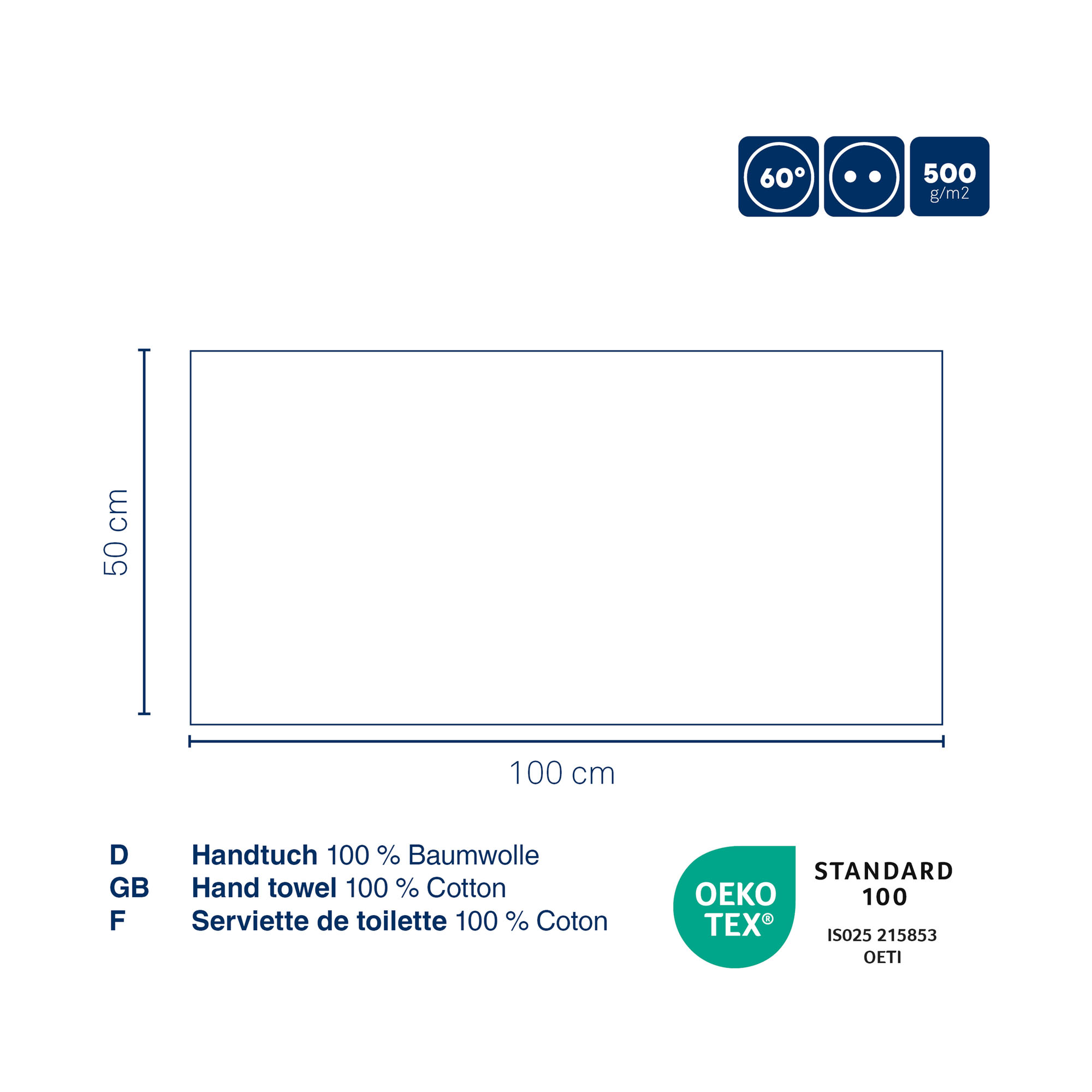 Informationsgrafik mit rechteckigem Handtuch eingezeichneten Abmessungen und Symbolen zu den Produkteigenschaften