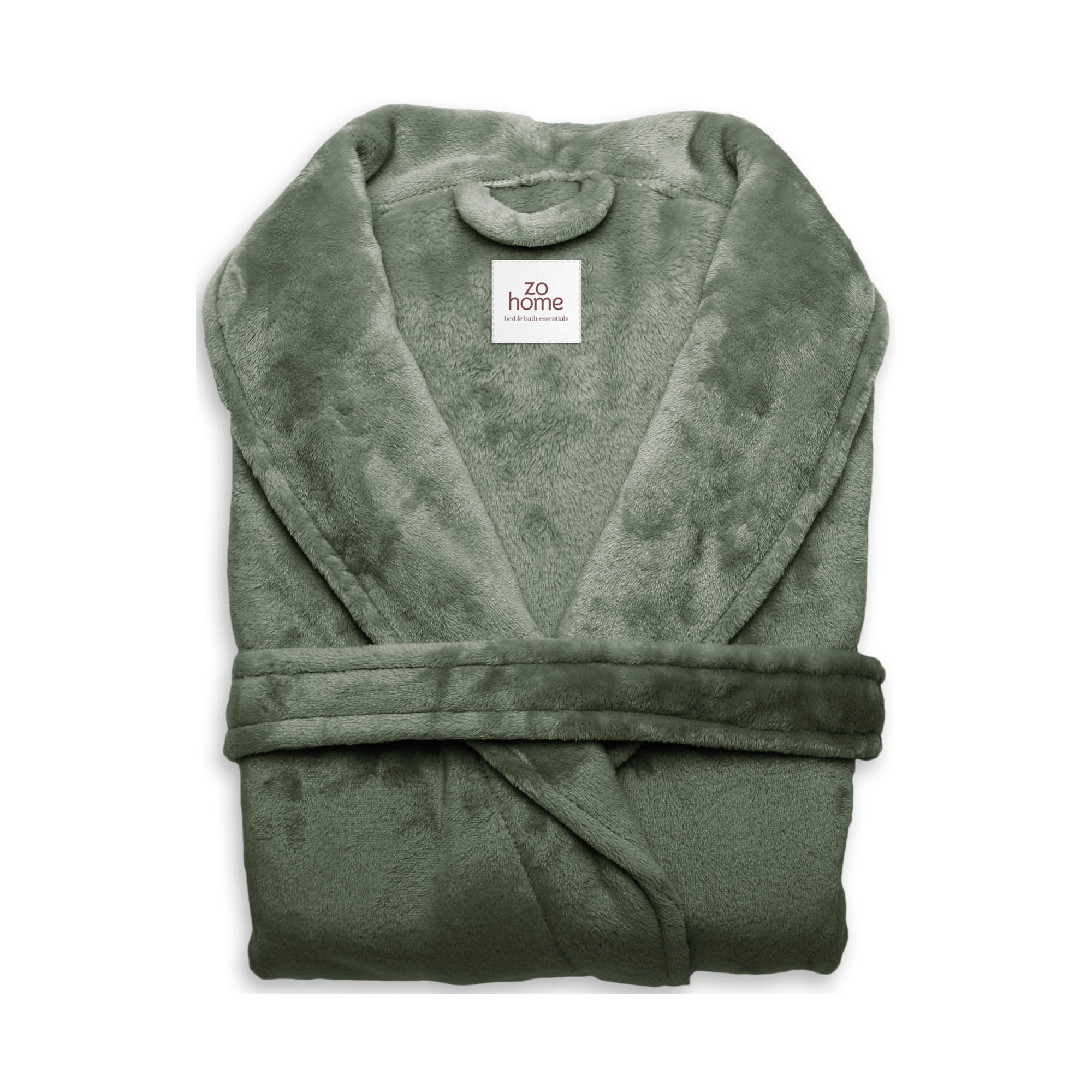 Cara Bademantel in Olive Green, Größe L: zusammengefalteter Bademantel aus einfarbigem, flauschig wirkendem Stoff, mit sichtbarem Schalkragen und Bindegürtel.