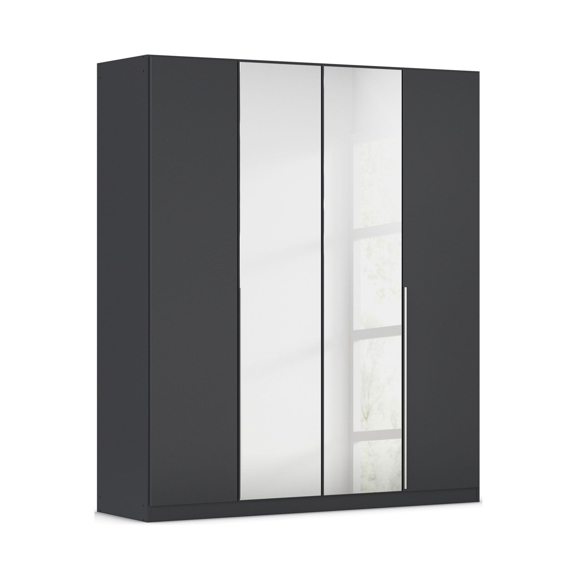 Moderner 4-türiger Kleiderschrank in Grau-Metallic mit integrierten Spiegeltüren und langen Griffleisten