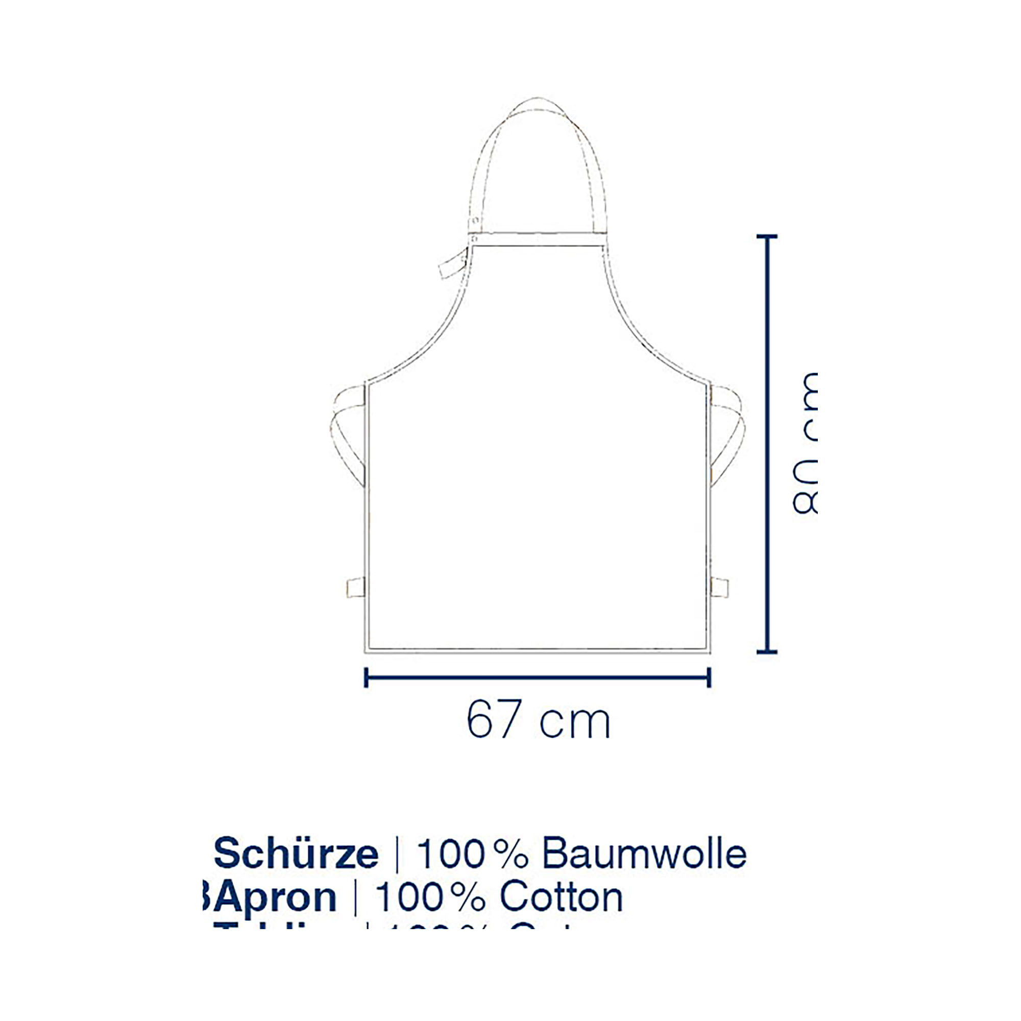 Schematische Darstellung der Küchenschürze mit einer Breite von 67 Zentimetern und einer Länge von 90 Zentimetern