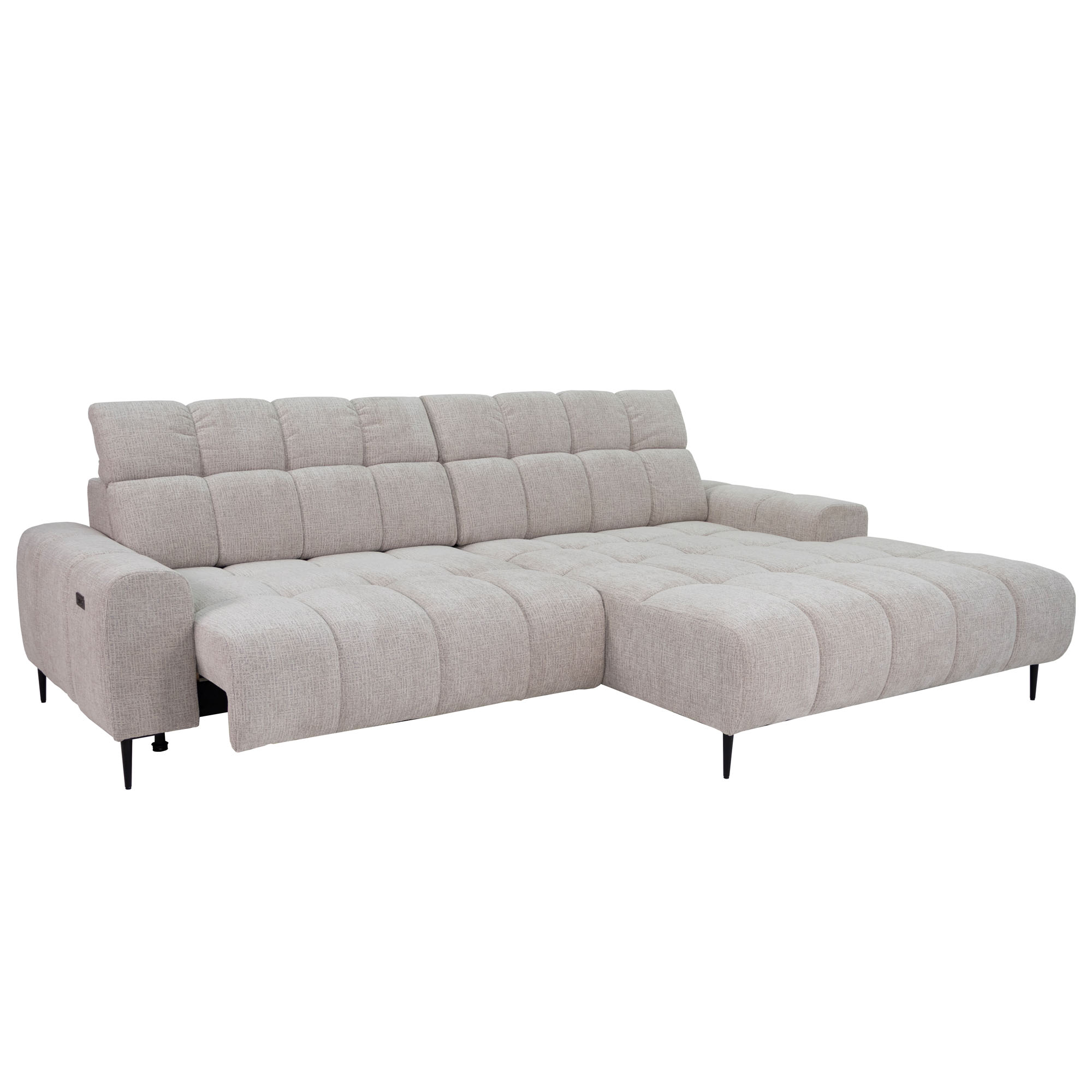 Ecksofa im Bezug B831 Kansas 5 linen mit ausgefahrenem Sitzelement links, rechter Ottomane und schwarzen Metallfüßen