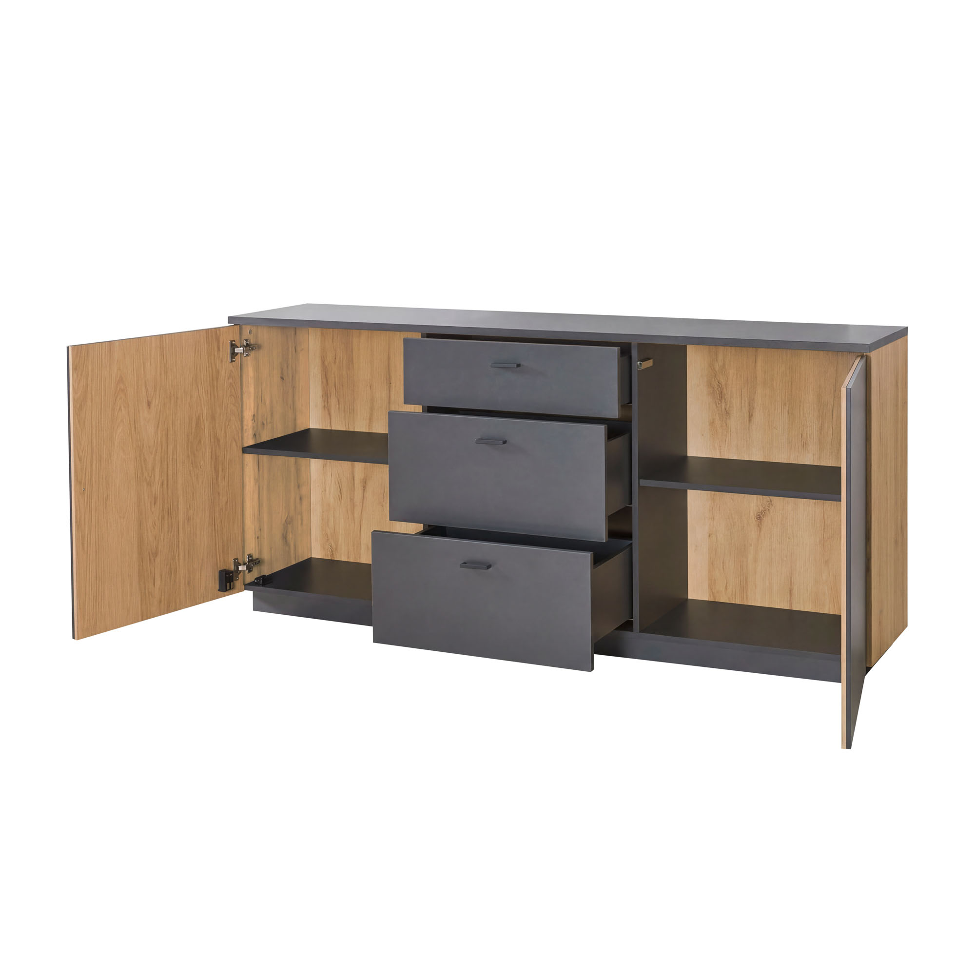 Geöffnetes Sideboard in Grau und Eiche Samt mit drei Schubladen seitlichen Türen und Einlegeböden