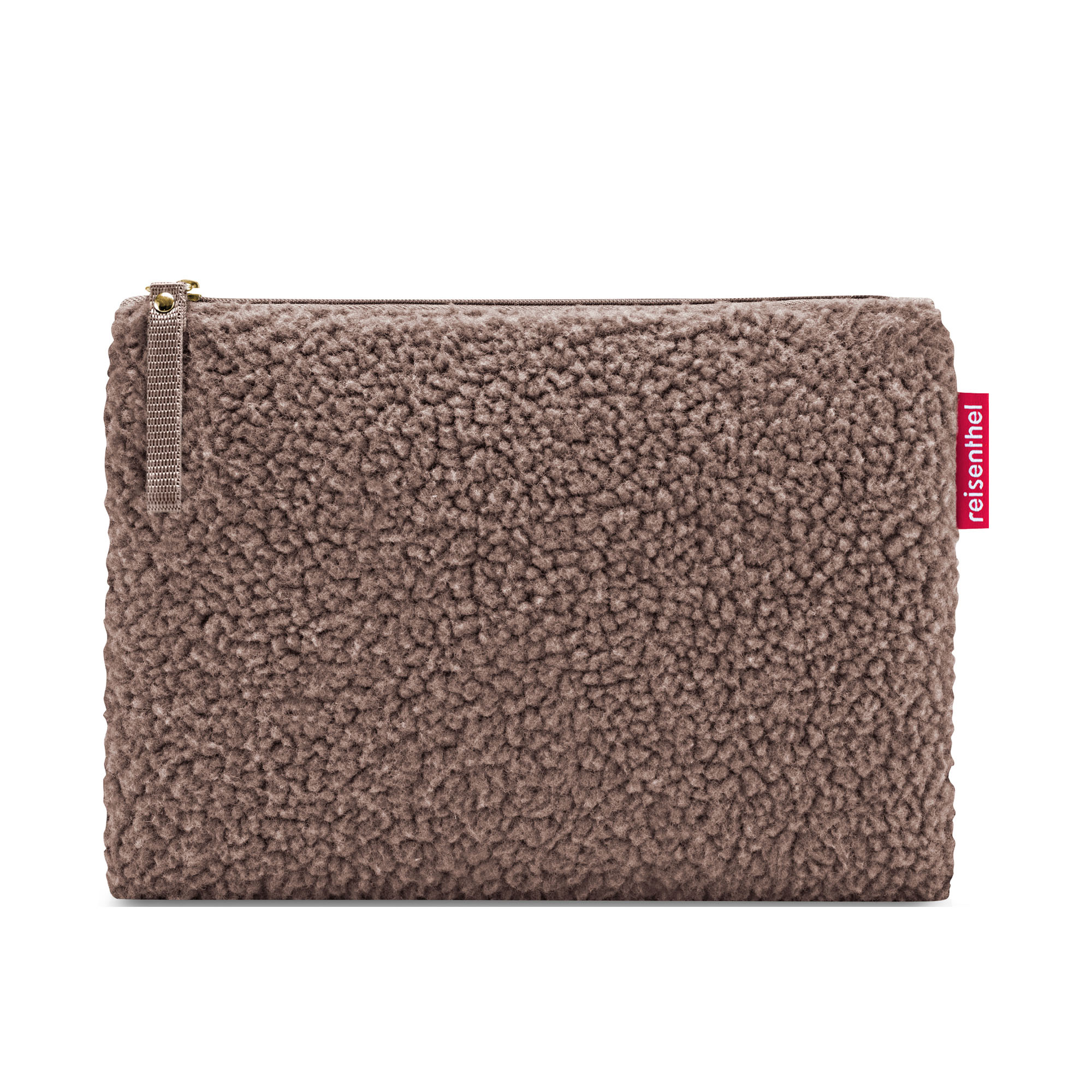 Reißverschlusstasche von Reisenthel, Modell Case 1, in Schokoladenbraun aus Teddyfleece, frontal mit geschlossenem Reißverschluss