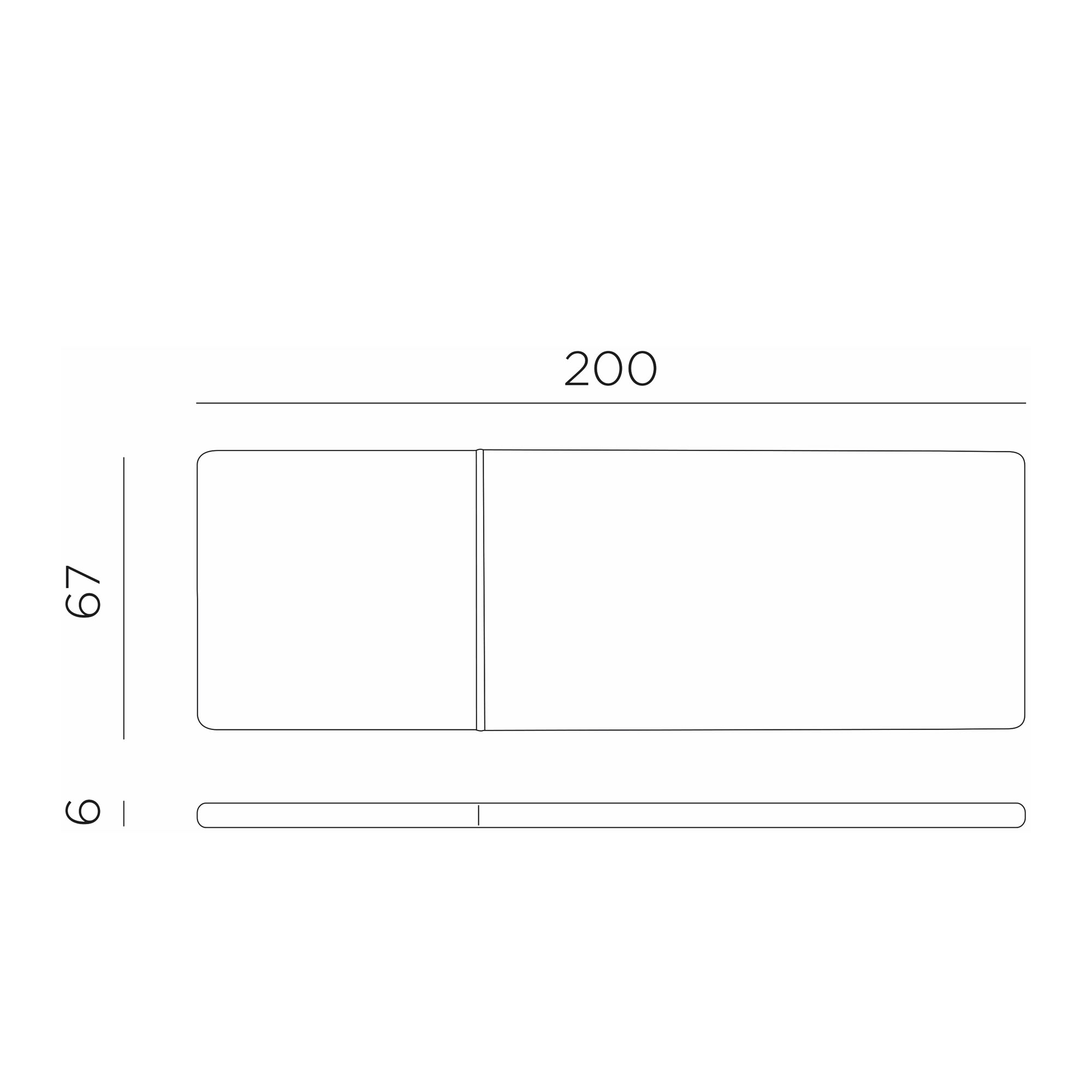 Technische Zeichnung einer rechteckigen Liegenauflage mit Rückenlehne. Die Maße sind mit 200 cm Länge, 67 cm Breite und 6 cm Höhe angegeben.