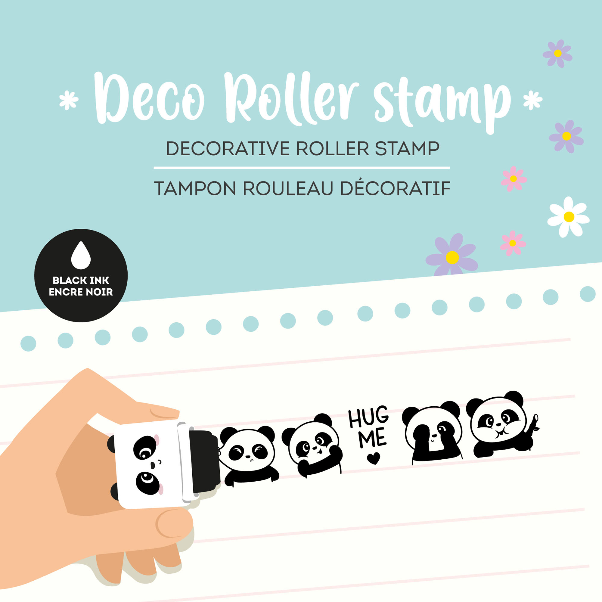 Deko-Rollstempel im Panda-Design, in einer Grafik beim Rollen eines fortlaufenden Dekormusters über Papier gezeigt.