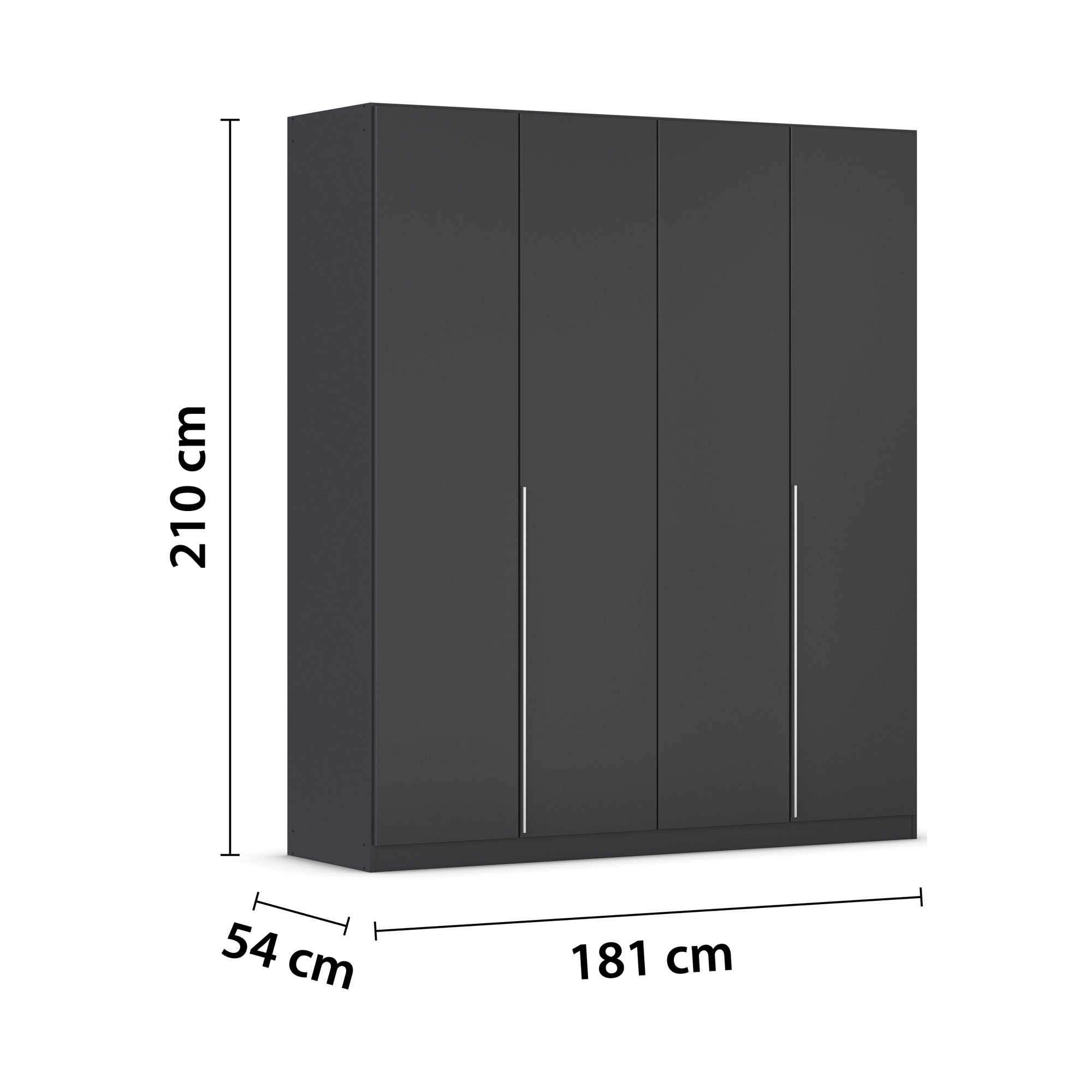 Grau-Metallicer Kleiderschrank mit vier Türen und eingezeichneten Maßen von 210 cm Höhe, 181 cm Breite und 54 cm Tiefe
